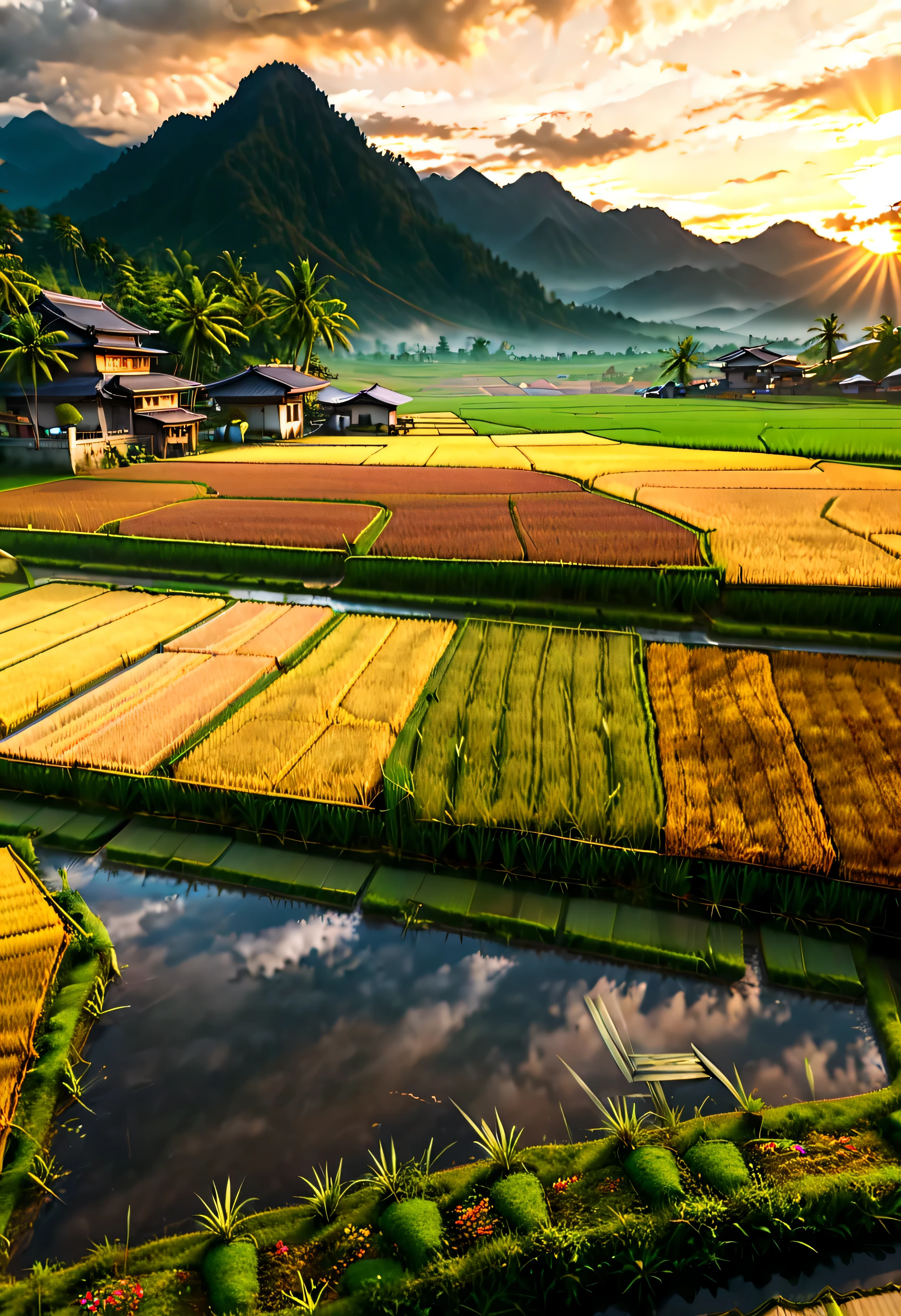 Ripe Golden paddy at house terrace overlooks a Rice Paddy field with view of the mountain, mesmerizing rice paddy landscape bathed by Sunset light,((golden hour time):1.2),((Majestic Landscape):1.2),((Sunset sky at autumn):1.1),delicate golden hour light, amazing wallpapers, beautiful surroundings, optimistic matte painting, Beautiful digital artwork, Beautiful and detailed scenes, UHD underground, UHD landscape, Majestic concept art, beautiful Rice Paddy Field. |(Masterpiece in maximum 16K resolution), the best quality, (very detailed CG unity 16k wallpaper quality),(Soft colors 16k highly detailed digital art),Super Detailed. | Perfect image,16k UE5,official painting, superfine, Depth of field, no contrast, clean sharp focus, professional, No blurring. | (((More detail))).