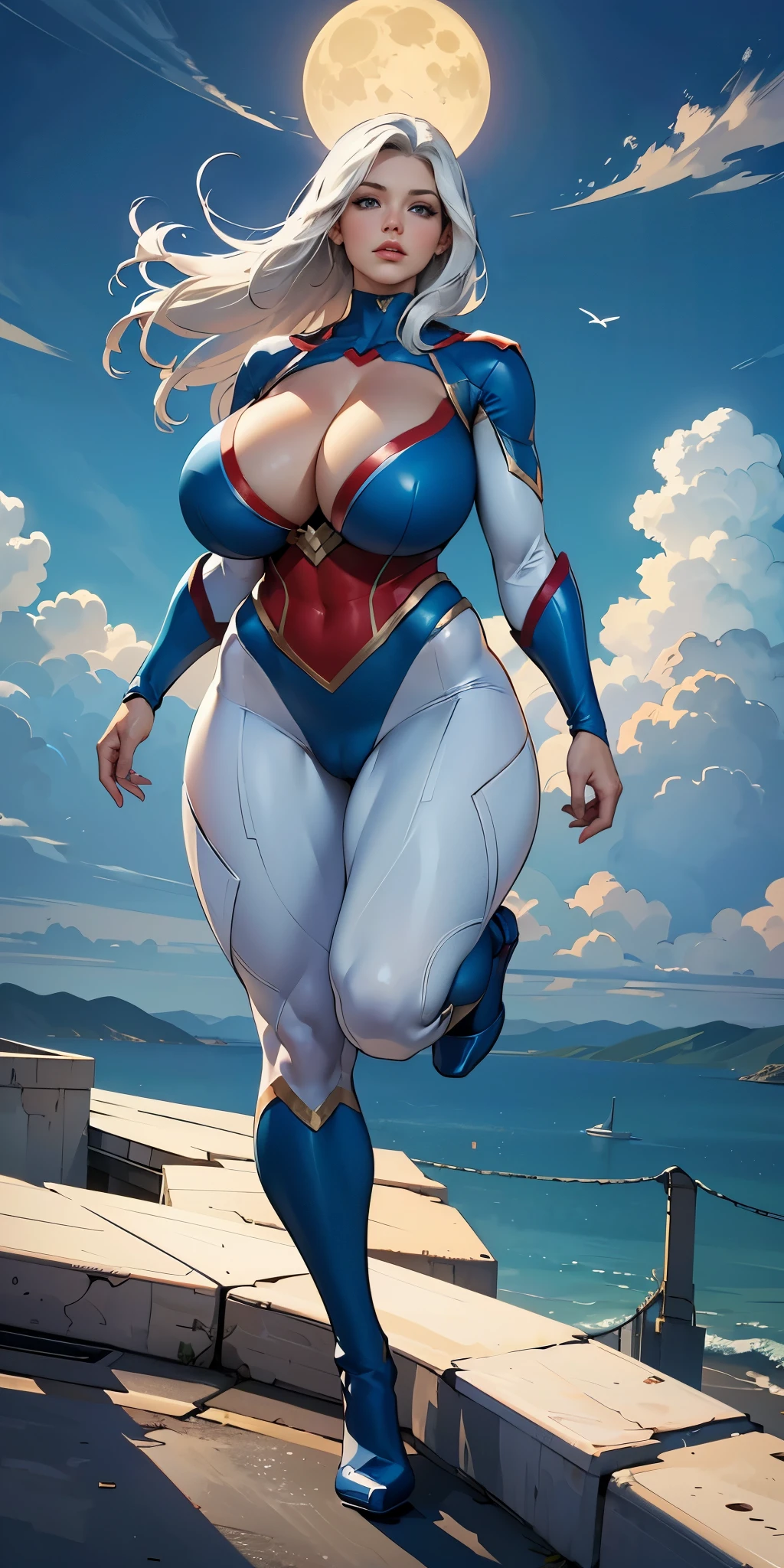 (Masterpiece, 4K resolution, ultra-realistic, highly detailed), (White costume superhero theme, charismatic, girl on top of the city, wearing white DC power-girl costume with cleavage, superheroine), (((gigantic breasts, sagging breasts))), [((23 years old), (long white hair:1.2), full-body, (blue eyes:1.2), (Power-Girl dynamic poses), (above the sky, flying, clouds), (full moon)
