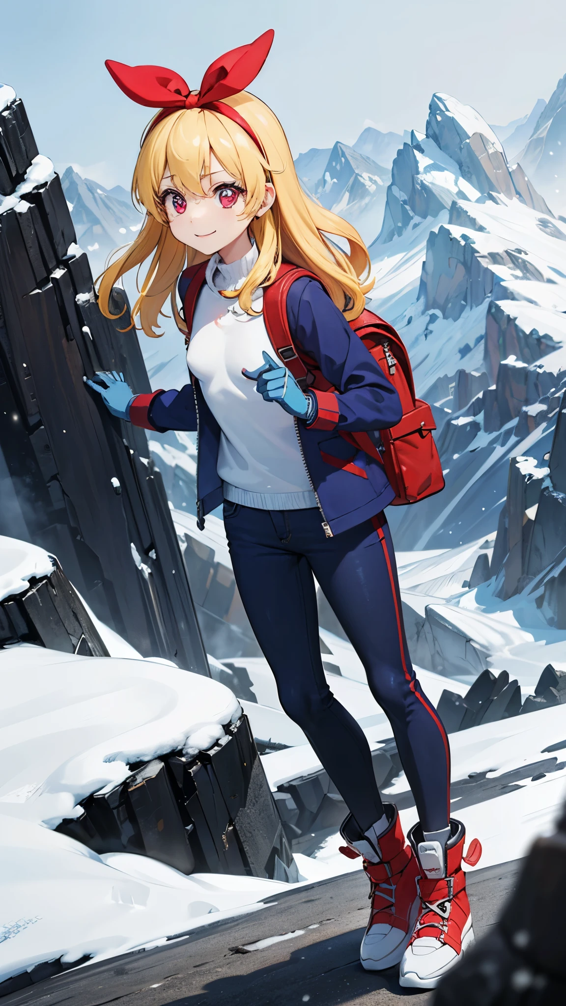 masterpiece, best quality, absurdres, BREAK, 1 woman, RED eyes, {clear face,Ultra_Smile,HAPPY},(RED Ribbon on HAIRband:1.2),(best quality, masterpiece, ultra-detailed, illustration),(8K wallpaper),(beautiful detailed eyes), beautiful, amazing, detailed eyes, (detailed skin), ((Blonde hair hair:1.5)), , highlight hair, straight hair, (red eyes), long hair, perfect hands, perfect fingers, (((small_breasts:1.3))), (neon eyes), (growing eyes:1.3), ((blue jacket clothes, long pants, gloves, footwear backpacks)), ((snowy mountain, cliff, mountaineering, rock climbing)), ((anime illustration)), upper body, clean line art, shiny hair, portrait, panorama shot, cinematic angle, dynamic angle:1.4,