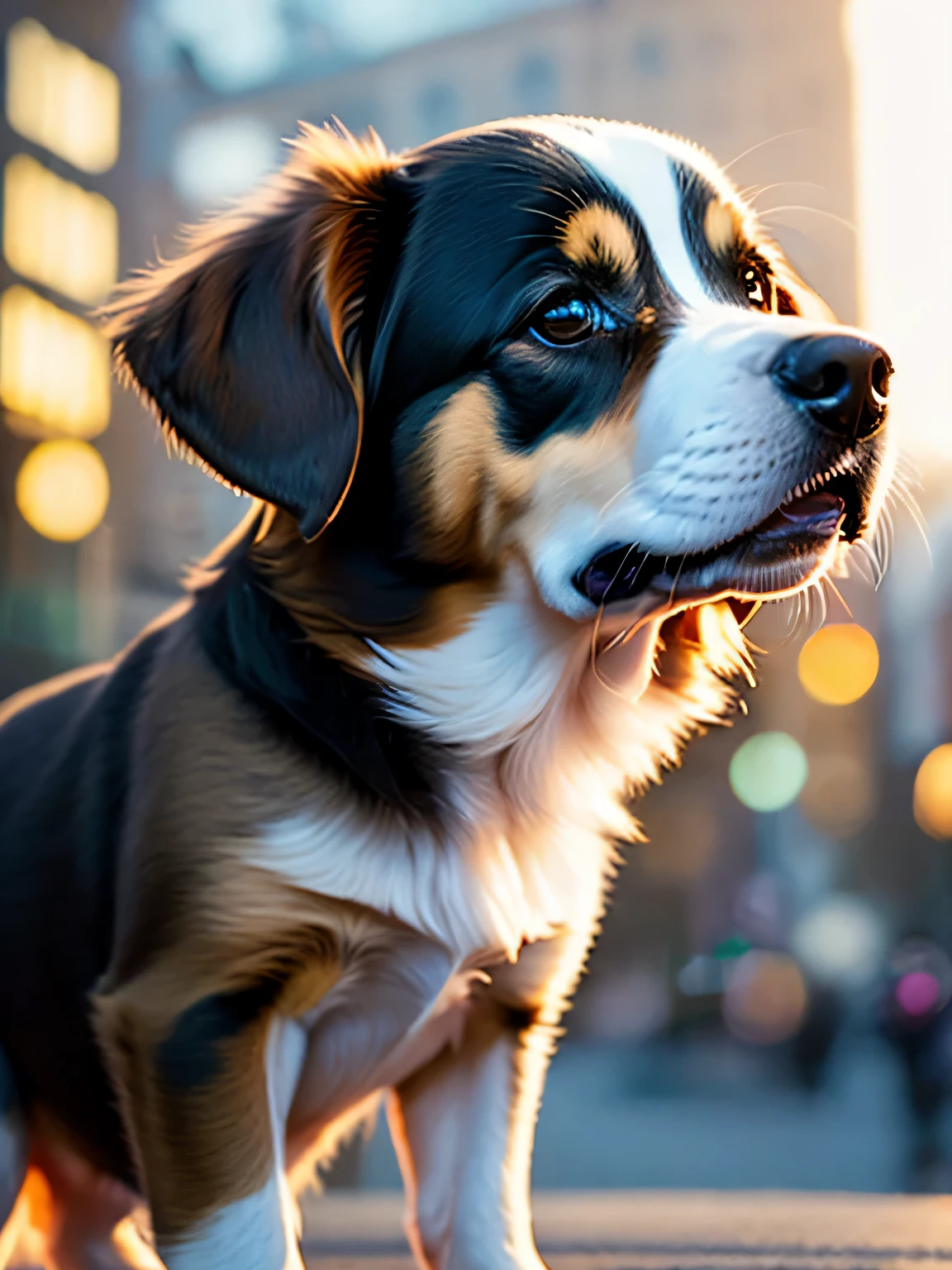 Close-up photo of a very cute and happy puppy in the city, soft volumetric light (backlight: 1.3), (Kinesiology: 1.2), intricate details (art station: 1.3), Rutkoski, realist