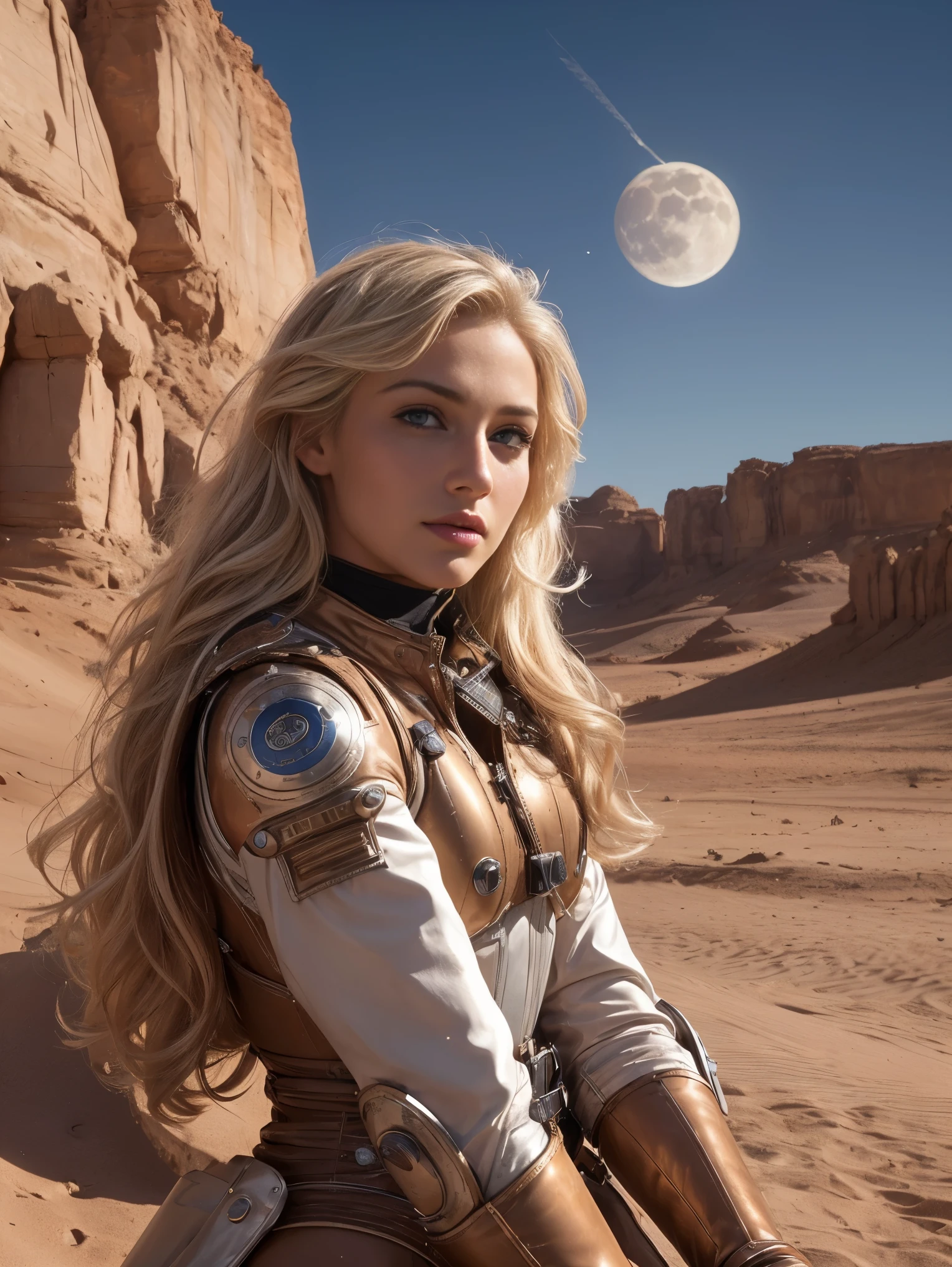 ((An ultra hot gorgeous European woman as a sexy rocketeer)), she’s a playmate and men magazine model. Age 23. blonde wavy hair floating in the wind. wearing a steampunk polished aluminum suit, desert moon landscape, (best quality) (detailed) (intricate) (8k) (HDR) (wallpaper) (cinematic lighting) (sharp focus), perfect face, perfect eyes, (nippin, camel toe)
