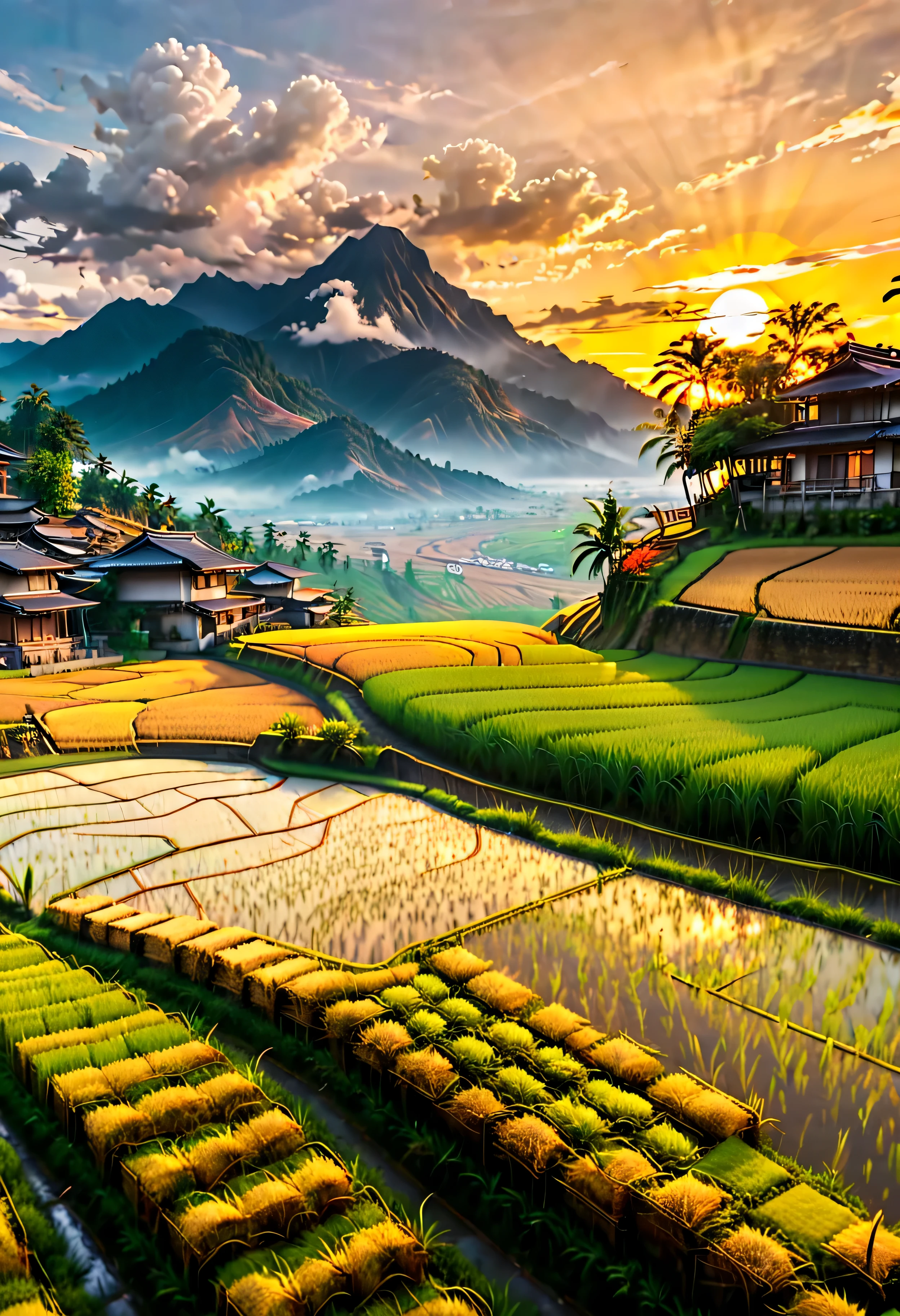 Ripe Golden paddy at house terrace overlooks a Rice Paddy field with view of the mountain, mesmerizing rice paddy landscape bathed by Sunset light,((golden hour time):1.2),((Majestic Landscape):1.2),((Sunset sky at autumn):1.1),delicate golden hour light, amazing wallpapers, beautiful surroundings, optimistic matte painting, Beautiful digital artwork, Beautiful and detailed scenes, UHD underground, UHD landscape, Majestic concept art, beautiful Rice Paddy Field. |(Masterpiece in maximum 16K resolution), the best quality, (very detailed CG unity 16k wallpaper quality),(Soft colors 16k highly detailed digital art),Super Detailed. | Perfect image,16k UE5,official painting, superfine, Depth of field, no contrast, clean sharp focus, professional, No blurring. | (((More detail))).