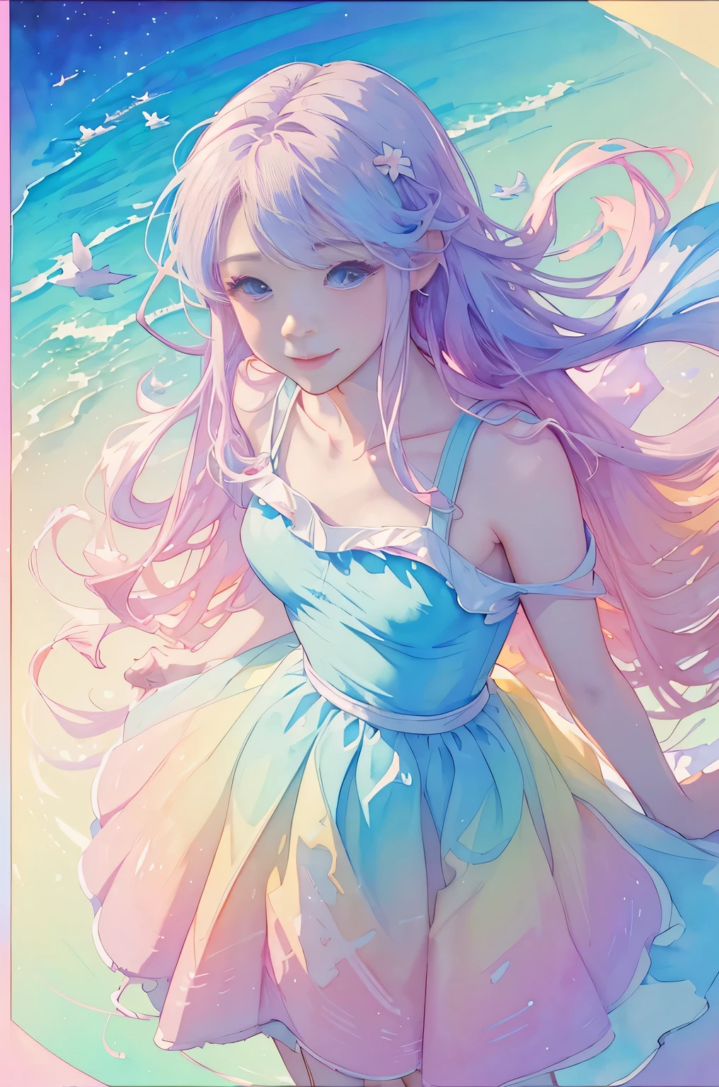 8k,masterpiece,highest quality, (from diagonally above:1.6) ,dynamic pose,12 year old girl waiting for her lover, bright light, long hair, Wind、 smile, watercolor painting \(Moderately\),watercolor painting,(Pastel color gradation dress that sticks to your body:1.3)
