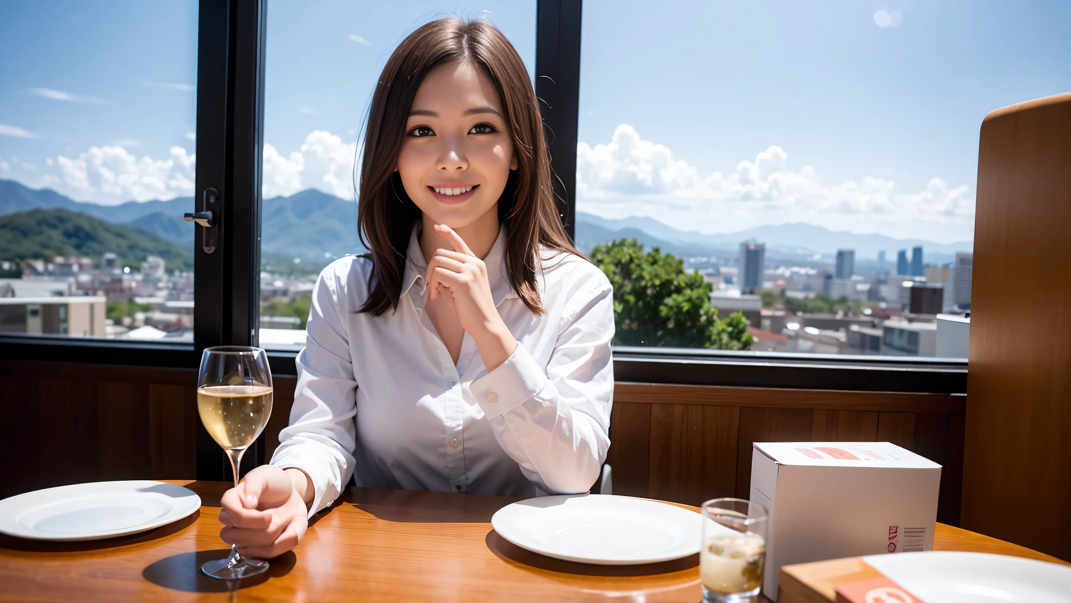64k, Hmm, highest quality, masterpiece: 1.2), (realistic, photorealistic: 1.37), Spectacular view of the sunset sky and clouds、Amazing mountain views、slimな美女3名, (slimフェイス),Happy、 最高なsmile、Fox face、Berry Short、(because I'thin), (brown hair), (shortcut), long sleeve shirt、winter fashion、Colombian、Brazilian、Japanese、Dutch、German、Portuguese、Belgian、Italian、French,Champagne、sparkling wine、 (squirt), (slimボティ), (brown hair), (shortcut), neat beauty、cheeks turn a little red, (35 years old), 38 years old, alone, A beautiful and detailed night view spreads out outside the window....., restaurant, wine glassが座っている, At night, in a prominent place (from the Upper body) nova frog style, actress, model, Upper body, White wine, slim, wine glass, Very beautiful night view, wine glass Put in the Middle, Happy smile, (smile: 1.15),