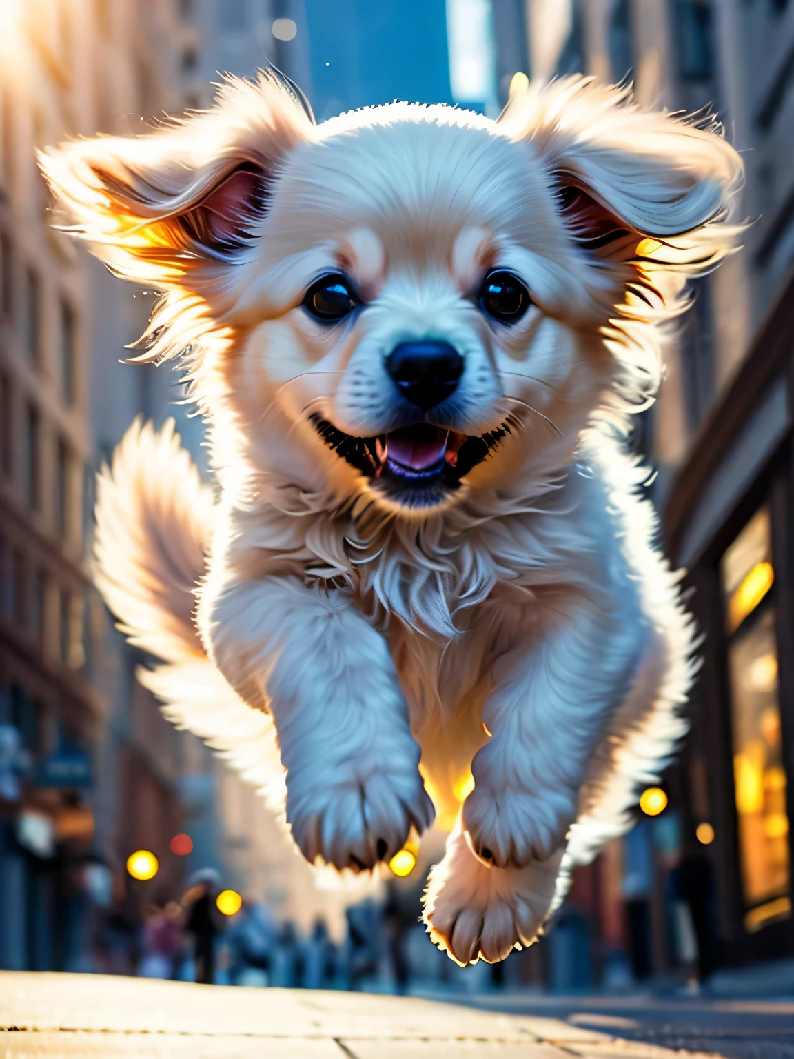 Close-up photo of a puppy jumping in the city，Very cute, soft volumetric light (backlight: 1.3), (Kinesiology: 1.2), intricate details (art station: 1.3), Rutkoski