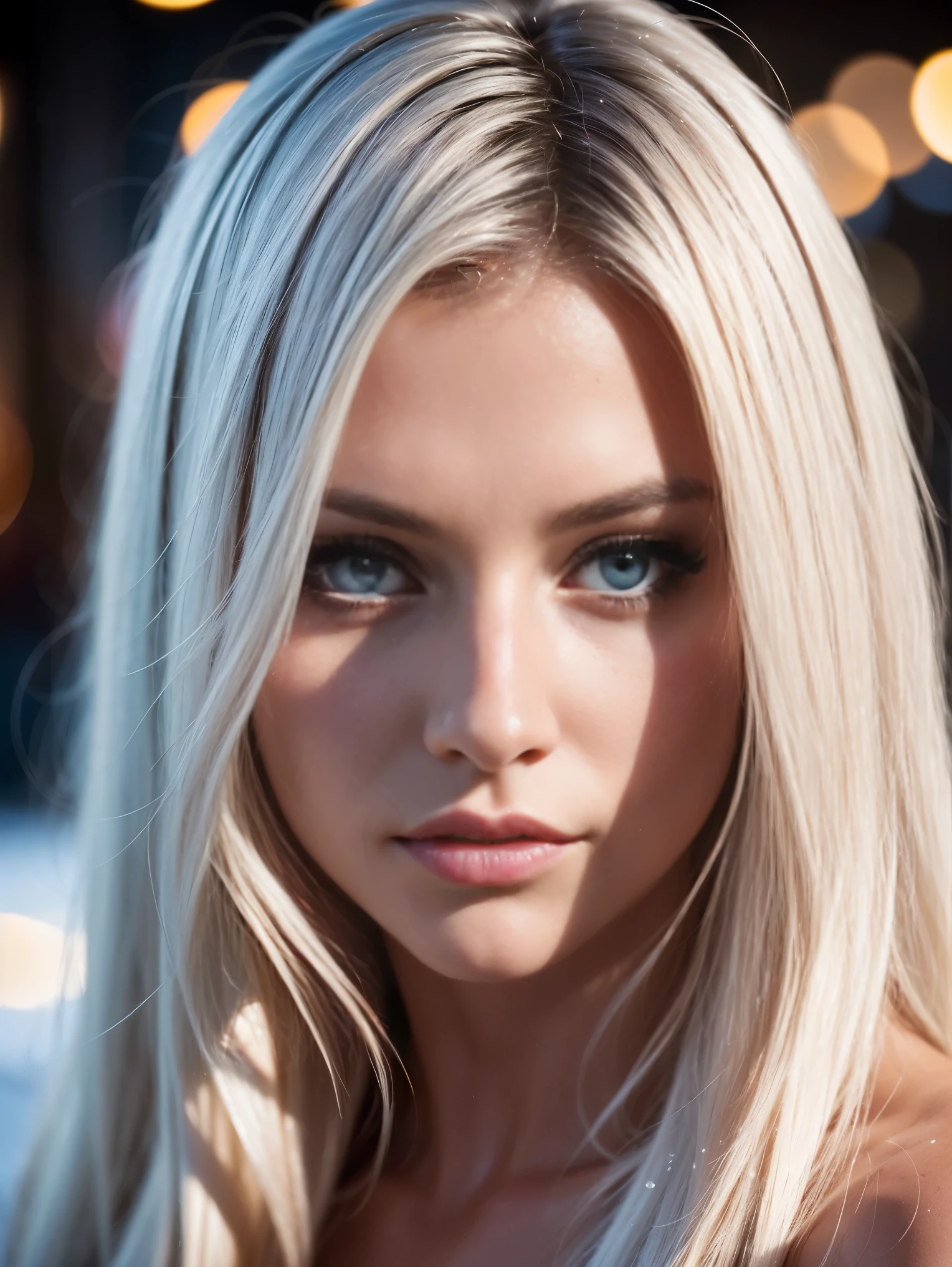 (Extreme closeup portrait) of an ultra hot gorgeous European woman.age 23. She’s a playmate and men magazine model. Random color straight hair. Naked. Random color eyes. She flirts with camera. Snowy Outdoor night studio shot. Bokeh