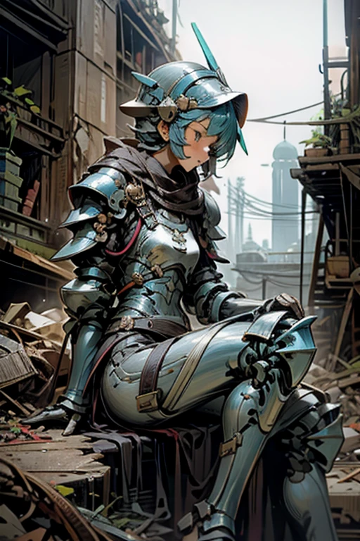 a girl,looking sideways,can't see the line of the body,plate armor,have a helmet,sitting in the rubble