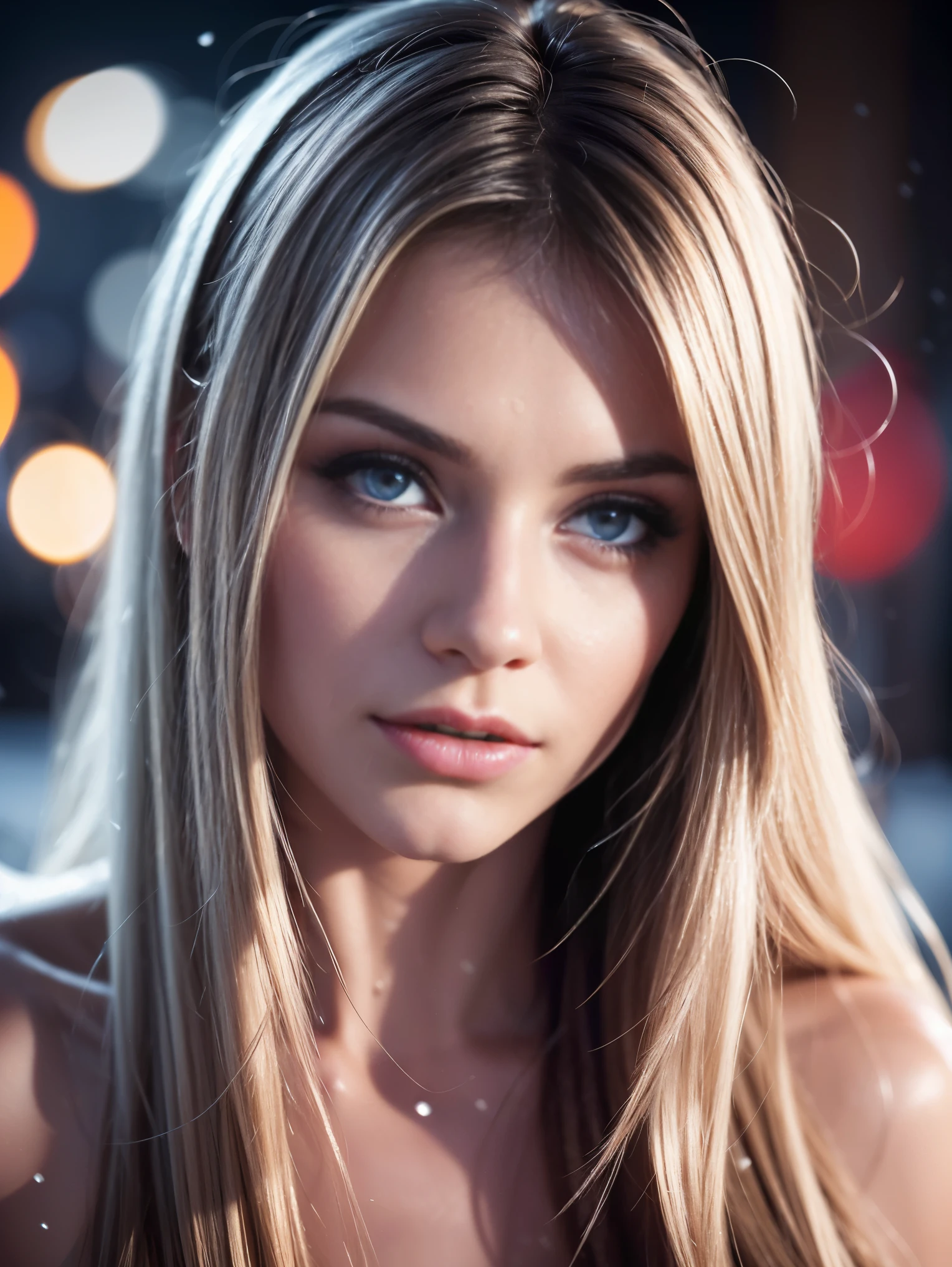 (Extreme closeup portrait) of an ultra hot gorgeous European woman.age 23. She’s a playmate and men magazine model. Random color straight hair. Naked. Random color eyes. She flirts with camera. Snowy Outdoor night studio shot. Bokeh