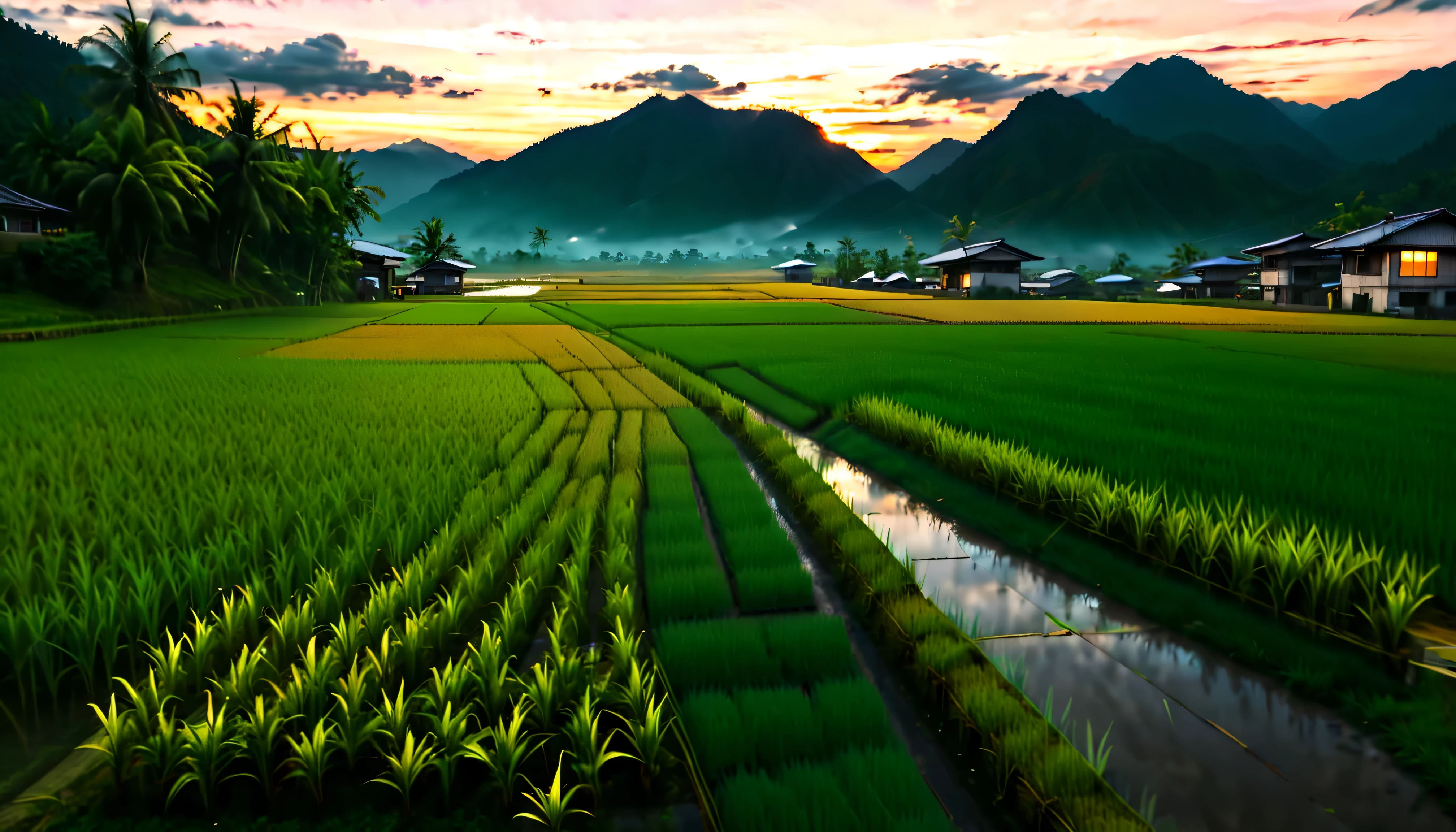 Ripe Golden paddy at house terrace overlooks a Rice Paddy field with view of the mountain, mesmerizing rice paddy landscape bathed by Sunset light,((golden hour time):1.2),((Majestic Landscape):1.2),((Sunset sky at autumn):1.1),delicate golden hour light, amazing wallpapers, beautiful surroundings, optimistic matte painting, Beautiful digital artwork, Beautiful and detailed scenes, UHD underground, UHD landscape, Majestic concept art, beautiful Rice Paddy Field. |(Masterpiece in maximum 16K resolution), the best quality, (very detailed CG unity 16k wallpaper quality),(Soft colors 16k highly detailed digital art),Super Detailed. | Perfect image,16k UE5,official painting, superfine, Depth of field, no contrast, clean sharp focus, professional, No blurring. | (((More detail))).