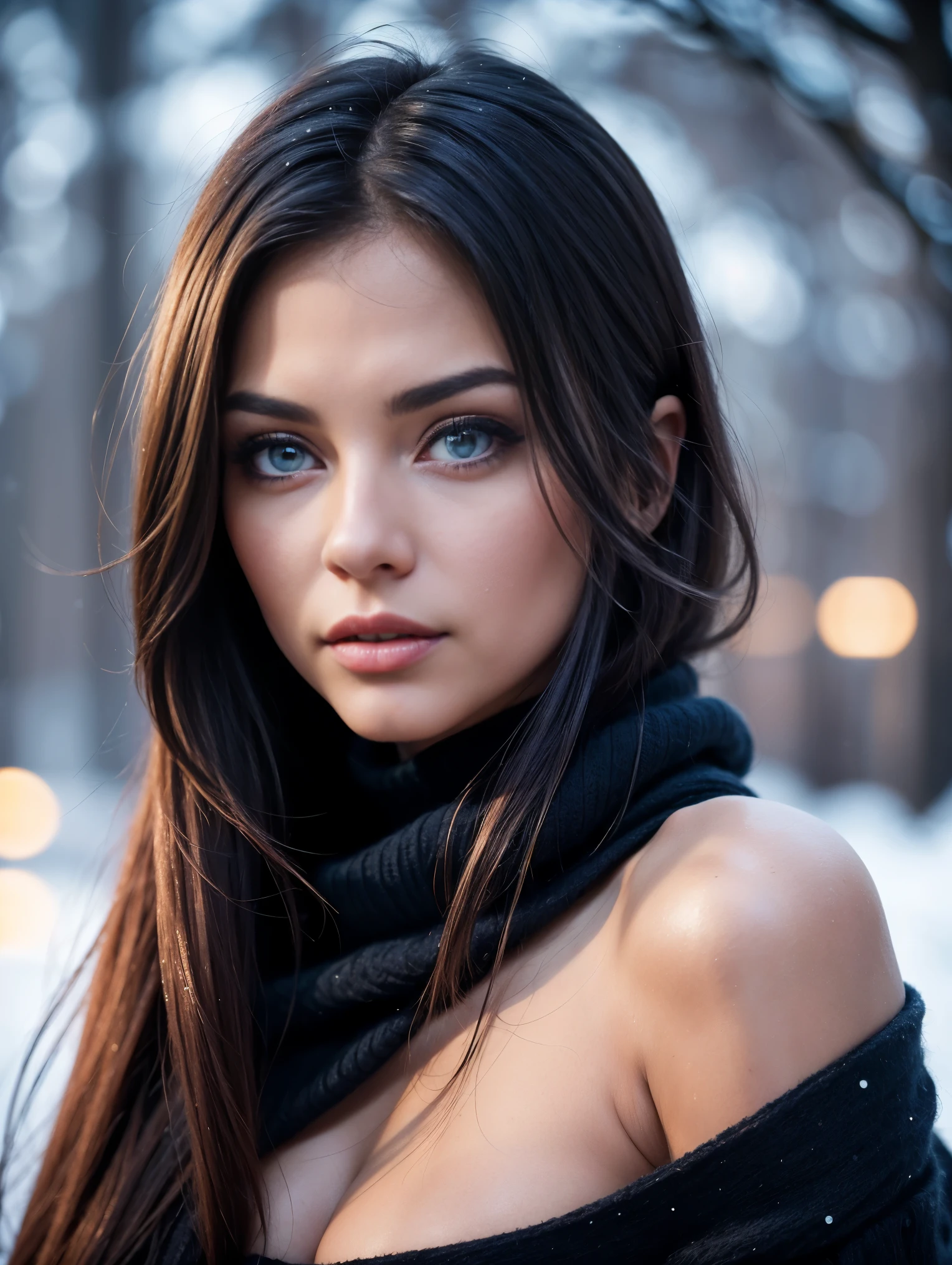 Extreme closeup portrait of an ultra hot gorgeous European woman.age 23. She’s a playmate and men magazine model. Random color straight hair. Random winter colors turtleneck loose wool dress. Random color eyes.Bare shoulders. She flirts with camera. Snowy Outdoor night studio shot. Bokeh