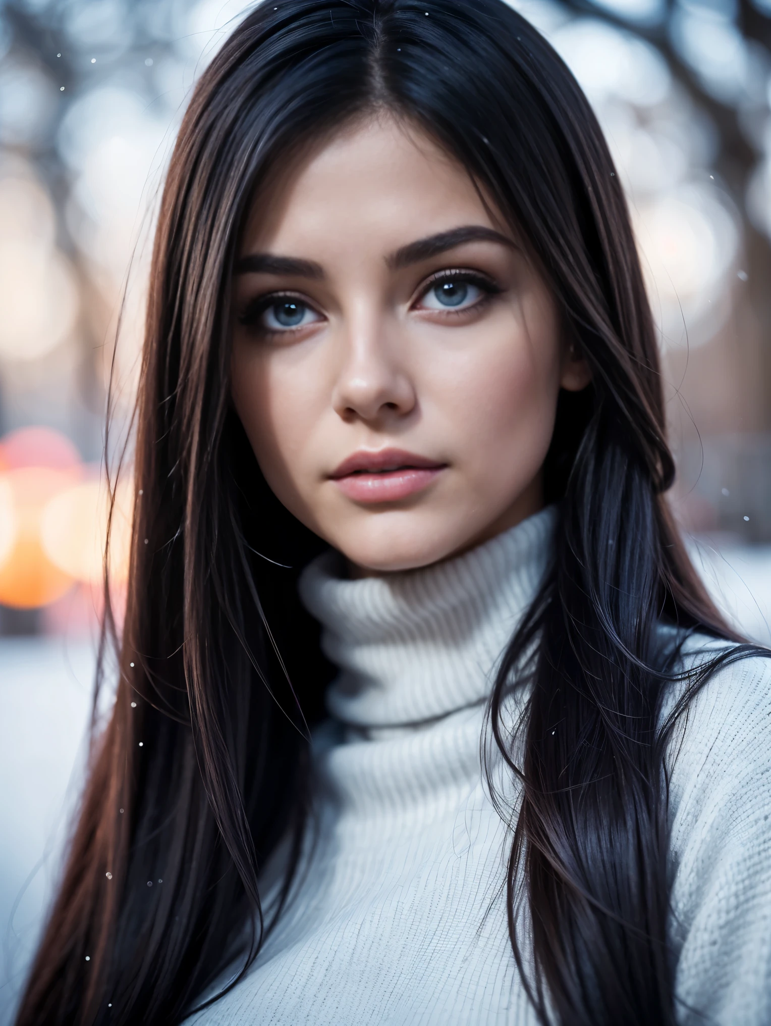 Extreme closeup portrait of an ultra hot gorgeous European woman.age 23. She’s a playmate and men magazine model. Random color straight hair. Random winter colors turtleneck loose wool dress. Random color eyes.Bare shoulders. She flirts with camera. Snowy Outdoor night studio shot. Bokeh