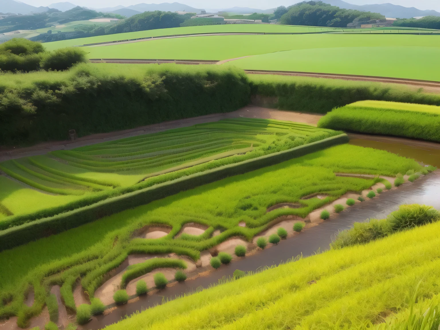 一片黄paddy的景色，rural area, on a sunny day, beautiful sunny day, paddy, idyllic fertile soil, 非常美麗的paddy風景, ,village in background, very beautiful scenery, rural area旅游