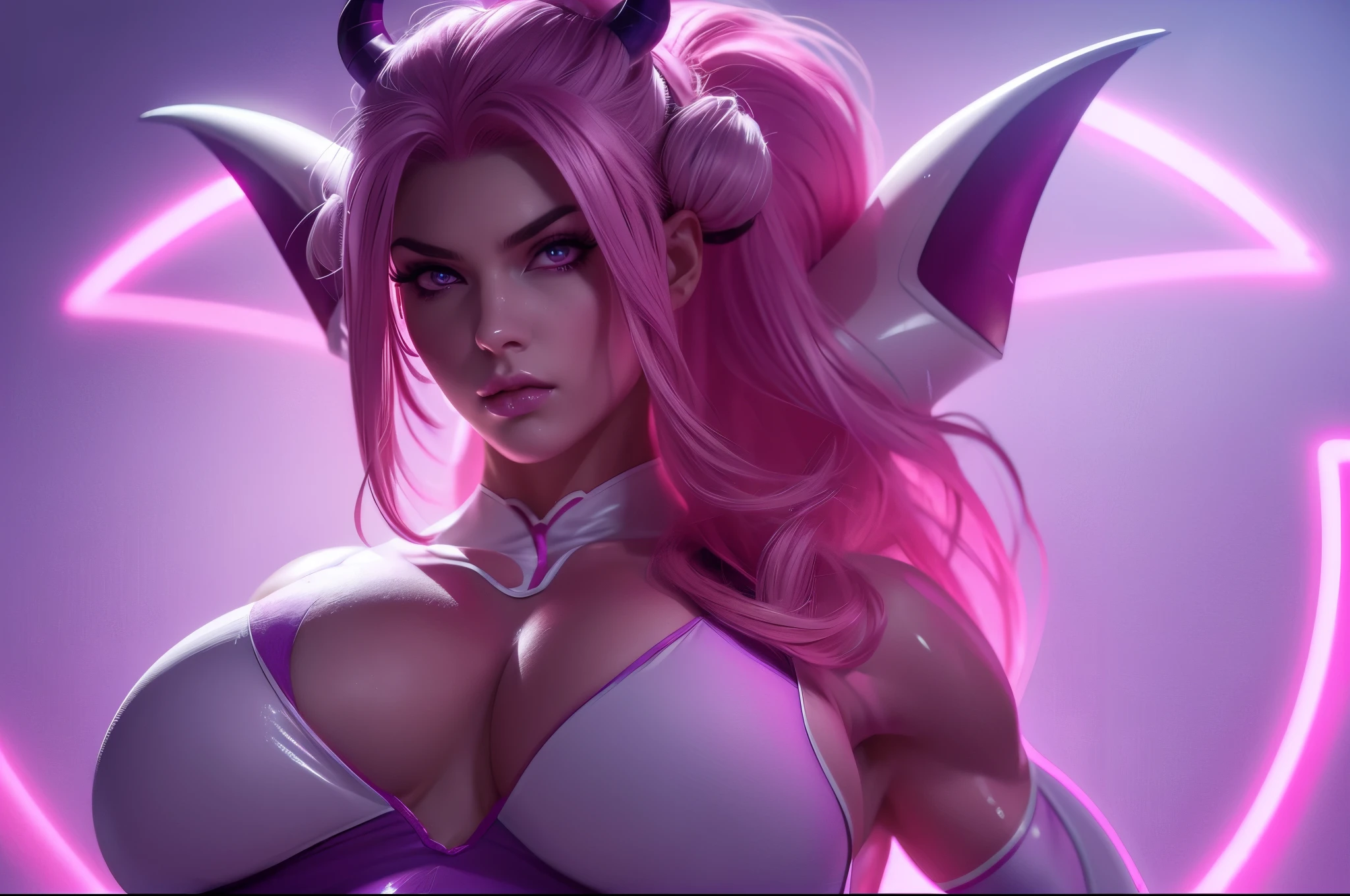 (pink and purple demoness:1.5),(beautiful female model:1.5), (demoness with Large horns:1.25),(1 super muscular succubus with flayed skin:1.5), (covered in thick white muscle suit:1.5), (exposed perfect anatomy:1.5), high detail, best quality, masterpiece, finely detail, realistic skin texture, 85 mm art lens, f 1.2, sharp focus, 8 k high definition, insanely detailed, intricate, super glowing eyes, pink hair, glowing white background, hair bun, beautiful female face, white skin, pink highlights, big breast, huge saggy breast, natural face, no makeup on, purple neon lights in the background, only one demoness