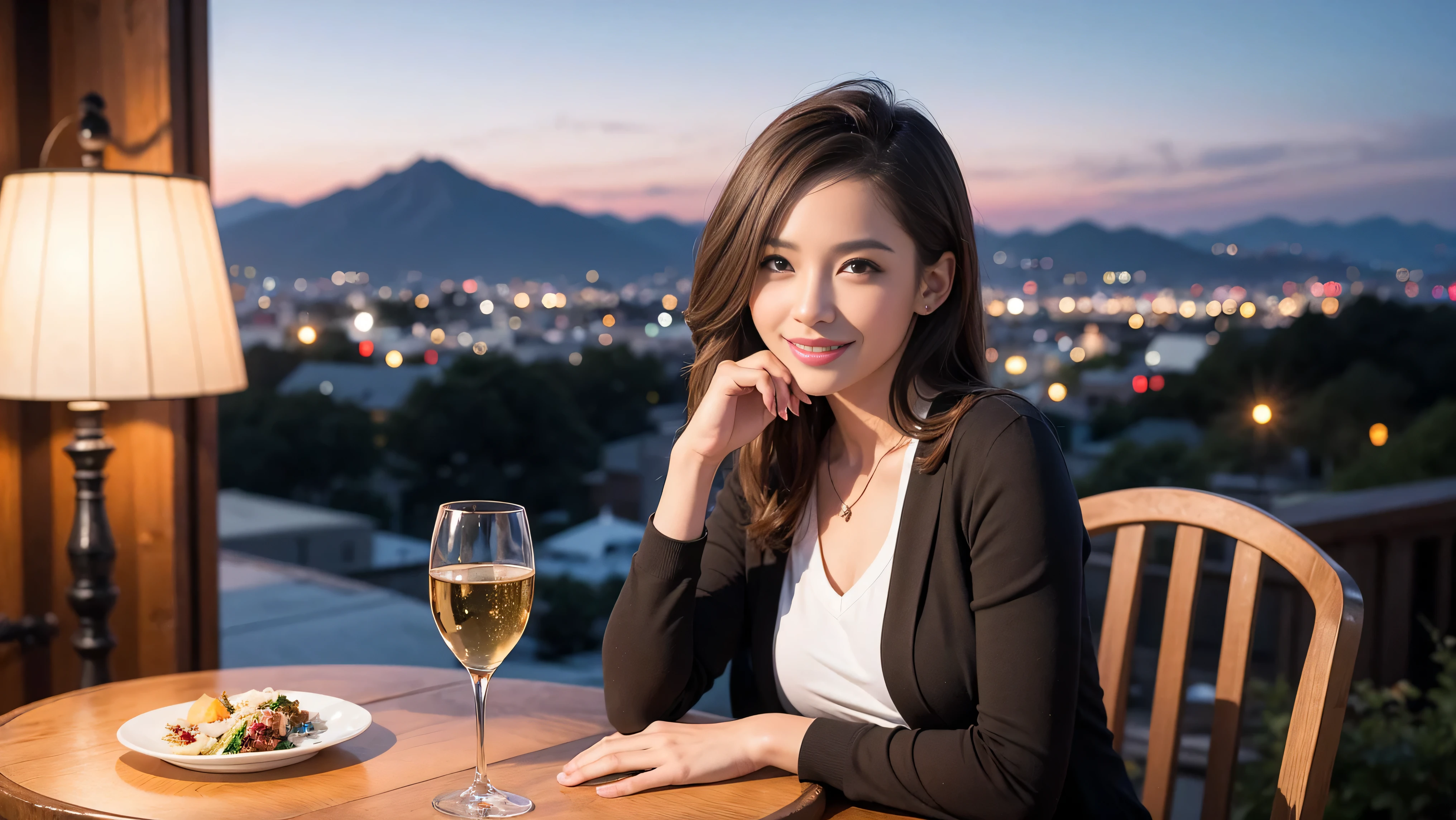 (including 64k, nffsw, highest quality, table top: 1.2), (realistic, photorealistic: 1.37), Spectacular view of the sunset sky and clouds、Amazing mountain views、long sleeve shirt、winter fashion、Columbia、Brazilian、Japanese、Dutch、German、Portuguese、Belgian、Italian、French,Champagne、sparkling wine、 (slimフェイス), (slimボティ), (brown hair), (shortcut), neat beauty、cheeks turn a little red, (35 years old), 38 years old, alone, 窓の外には美しく緻密なnight景が広がります., restaurant, wine glassが座っている, nightに, in a prominent place (from the Upper body) nova frog style, actress, model, Upper body, White wine, slim, wine glass, Super Clean night View, wine glass Put in the Middle, Happy smile, (smile: 1.15), beautiful and detailed eyes, Upper body, bust japan up, night, short, short, actress, model, Upper body, White wine, slim, wine glass, Super Clean night View, wine glass Put in the Middle, Happy smile,