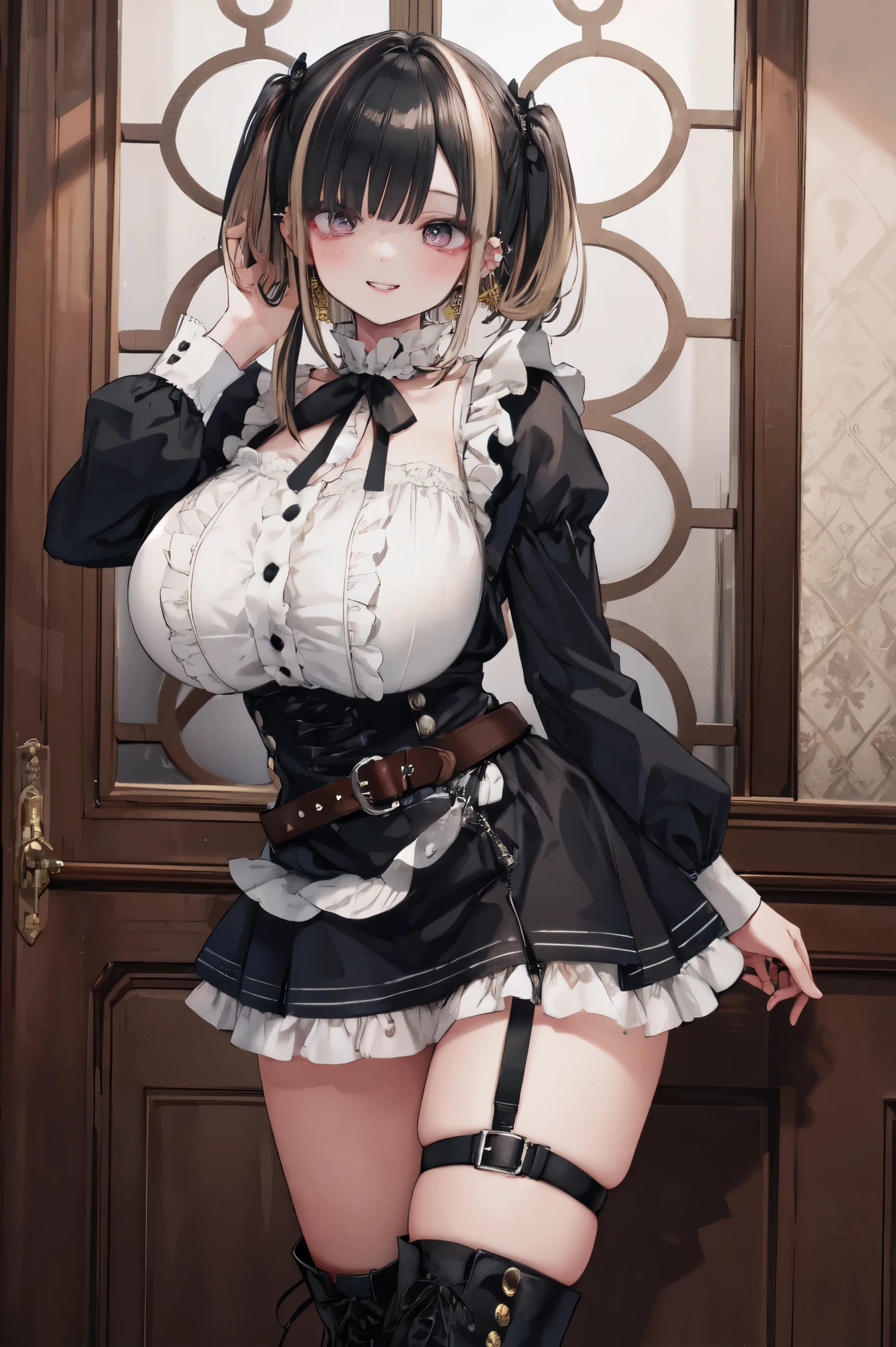 sagging breasts,mature female,huge breasts, gigantic breasts,solo,grin,cowboy shot,gyaru,((nagatiti)),eyeshadow,lip,Shiny eyelashes,black hair, ((two-tone hair)),piercing,large belt, detailed decorations, frilled dress, Metal buttons, layered miniskirt, long ruffled sleeves,knee-high boots, ω,half eye,smile,suspenders,