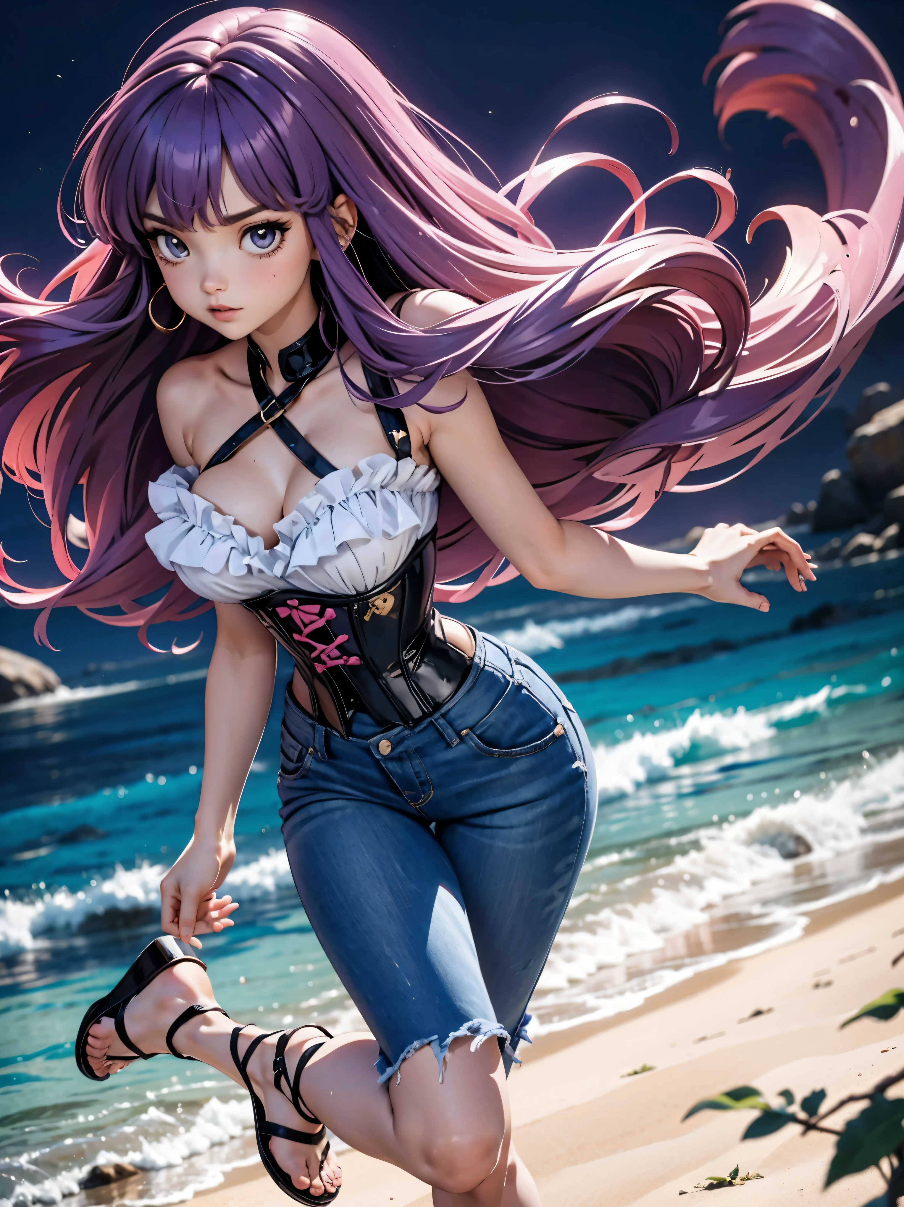 Anime cabelo purple com short jeans e corset rosa brilhante, 16 anos, corpo bonito, seios grandes, com as hands on chest, hands on chest, Garota sexy, purple cabelo, mechas de cabelo laterais, mechas de cabelo na lateral do rosto, beautiful lighting, sombras suaves, olhos azuis, pernas bonitas, cabelo longo purple, estilo anime, personagem Shampoo Chan, Autora Rumiko Takahashi, Baseado em obra de Rumiko Takahashi, Anime Ranma 1/ 2, decote sexy, quadril robusto, corpo inteiro, corpo inteiro, busto grande, garota jovem com corpo belo e bonito, sandals on his feet, garota 16 anos jovem, usando short jeans e corset rosa brilhante, garota anime, estilo anime, beautiful feet in sandals, 45° viewing angle, ao ar livre, peito grande, seios bonitos, cabelo purple, sandals on the feet, pernas bonitas