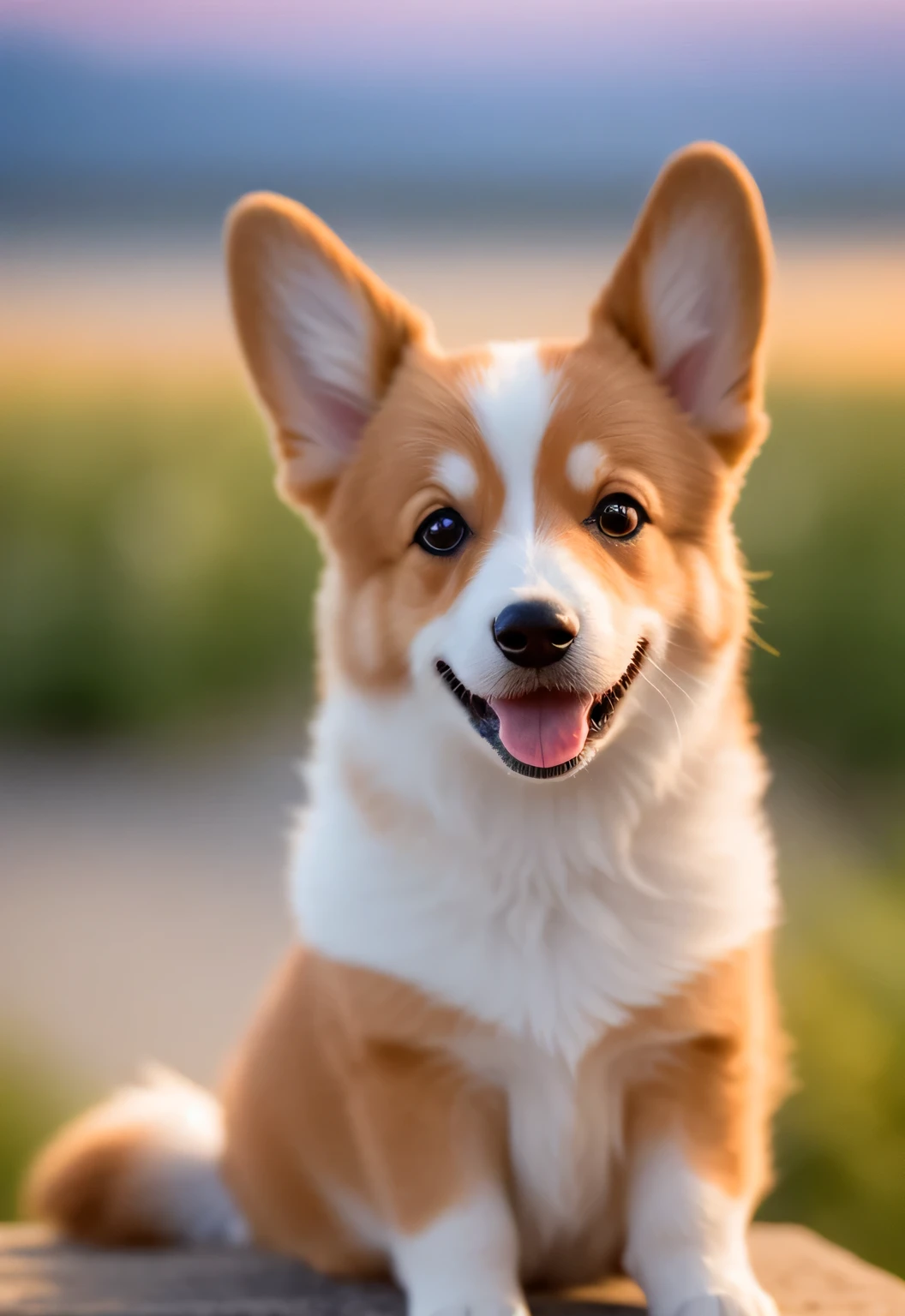 Happy little corgi，smile happily at you，Close-up photos，Sunset，80mm，F/1.8，frequency ，Bokeh，depth of field，subsurface scattering，Pointillism