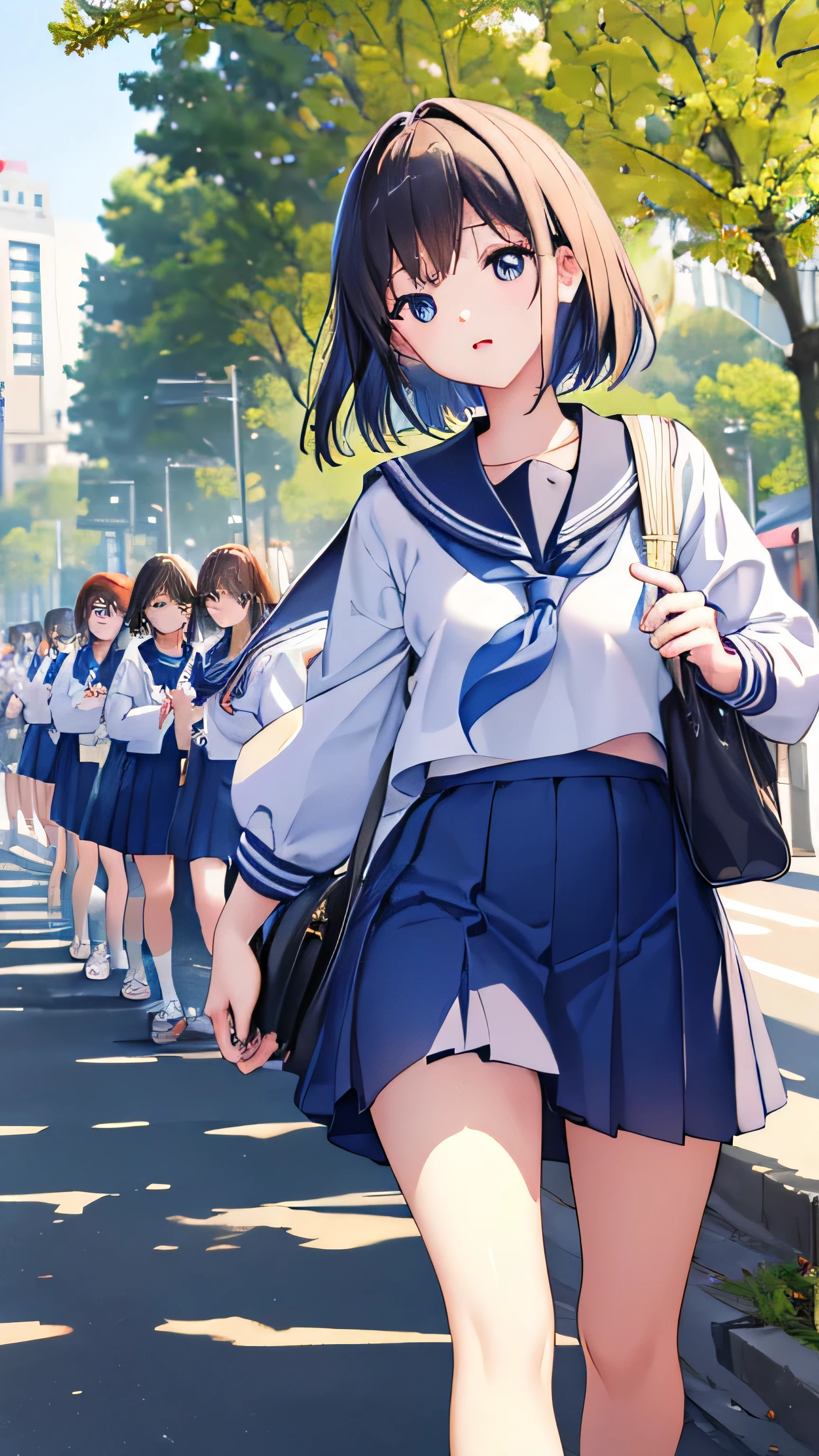 masterpiece、high quality、high quality、girl、3people、good friend3people々group of、3people々walk alongside、sailor suit、student、on the way to school、笑顔のgirl達、Sunny、weather、
