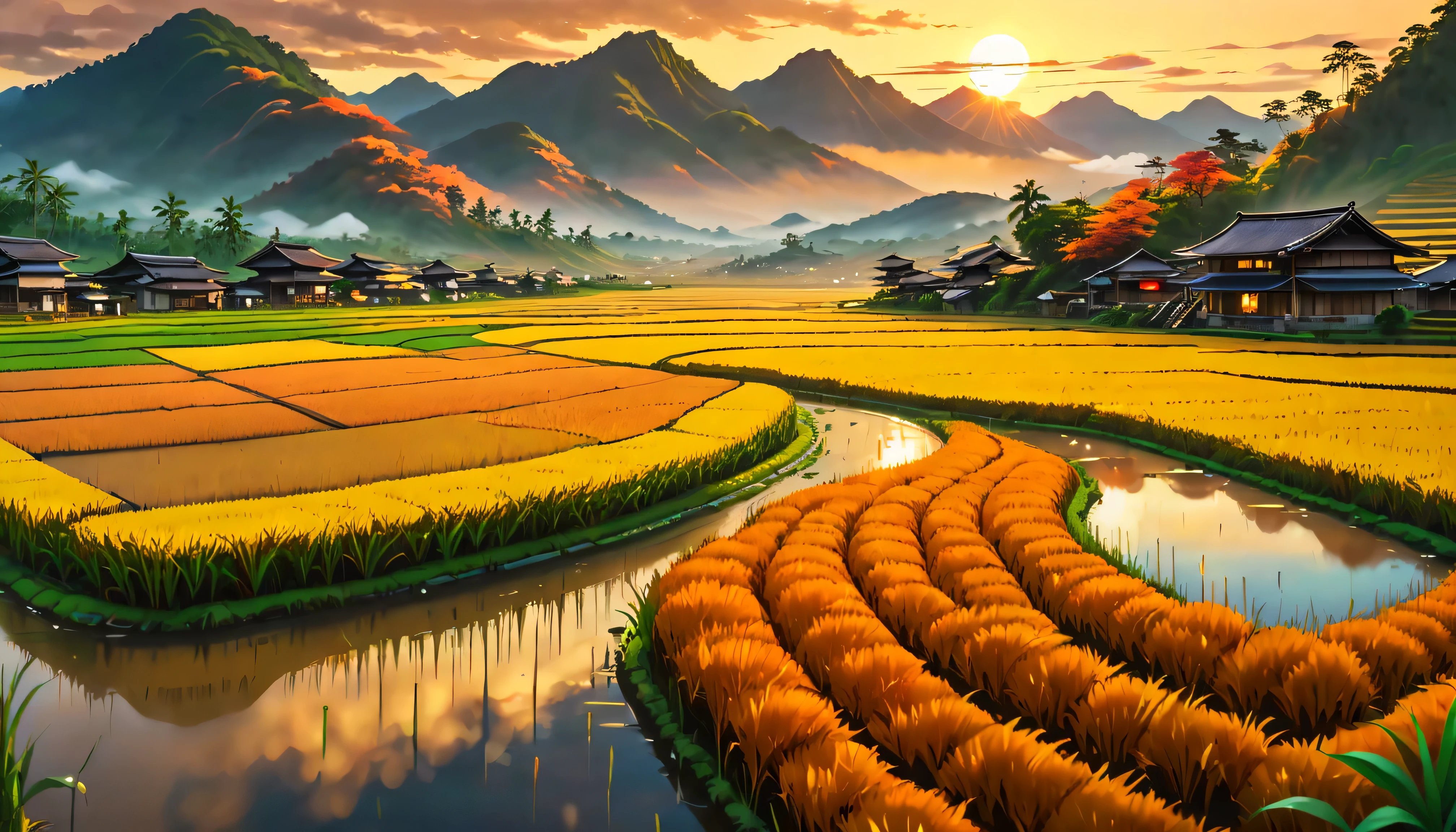 Ripe Golden paddy at house terrace overlooks a Rice Paddy field with view of the mountain, mesmerizing rice paddy landscape bathed by Sunset light,((golden hour time):1.2),((Majestic Landscape):1.2),((Sunset sky at autumn):1.1),delicate golden hour light, amazing wallpapers, beautiful surroundings, optimistic matte painting, Beautiful digital artwork, Beautiful and detailed scenes, UHD underground, UHD landscape, Majestic concept art, beautiful Rice Paddy Field. |(Masterpiece in maximum 16K resolution), the best quality, (very detailed CG unity 16k wallpaper quality),(Soft colors 16k highly detailed digital art),Super Detailed. | Perfect image,16k UE5,official painting, superfine, Depth of field, no contrast, clean sharp focus, professional, No blurring. | (((More detail))).