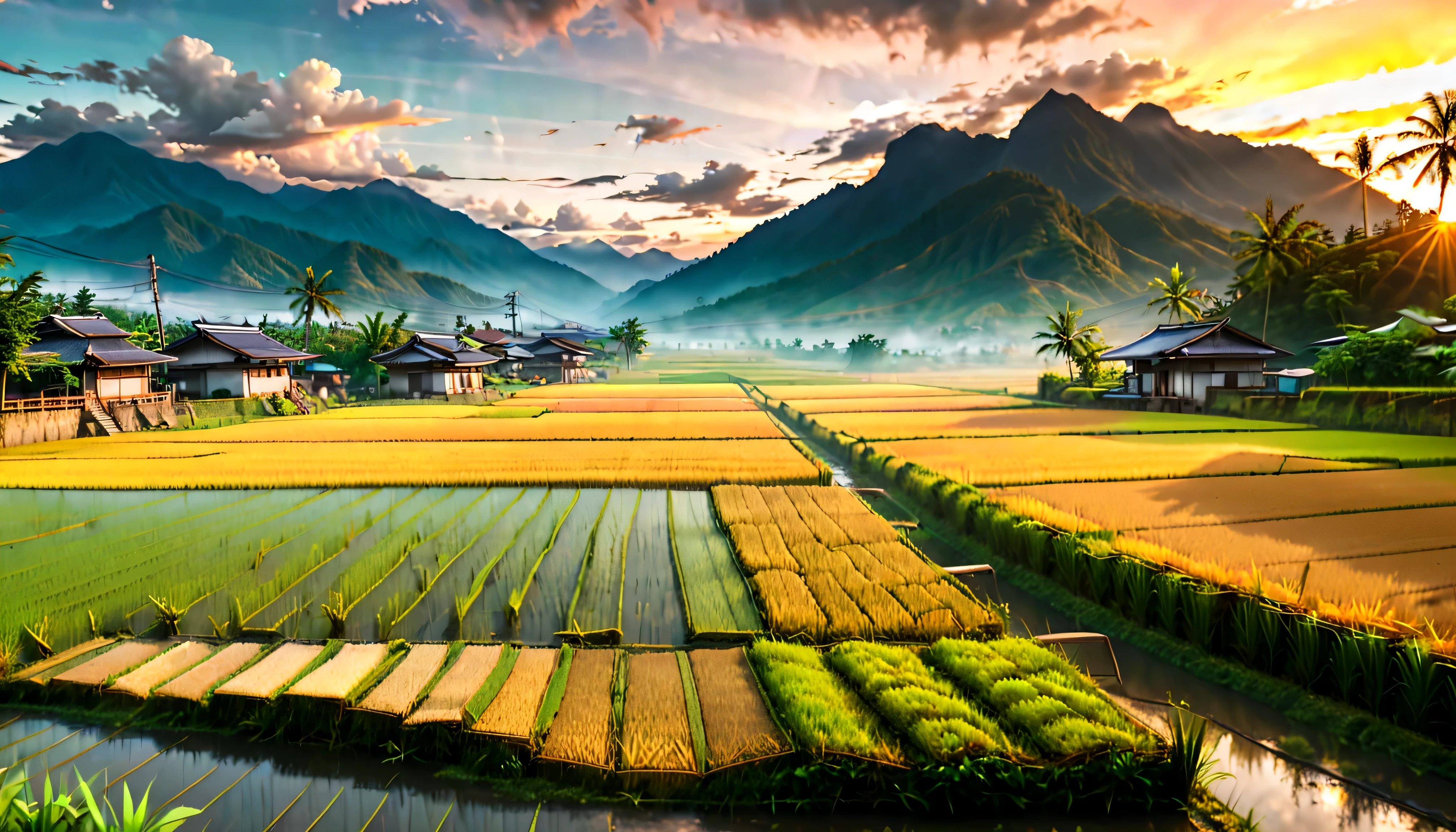 Ripe Golden paddy at house terrace overlooks a Rice Paddy field with view of the mountain, mesmerizing rice paddy landscape bathed by Sunset light,((golden hour time):1.2),((Majestic Landscape):1.2),((Sunset sky at autumn):1.1),delicate golden hour light, amazing wallpapers, beautiful surroundings, optimistic matte painting, Beautiful digital artwork, Beautiful and detailed scenes, UHD underground, UHD landscape, Majestic concept art, beautiful Rice Paddy Field. |(Masterpiece in maximum 16K resolution), the best quality, (very detailed CG unity 16k wallpaper quality),(Soft colors 16k highly detailed digital art),Super Detailed. | Perfect image,16k UE5,official painting, superfine, Depth of field, no contrast, clean sharp focus, professional, No blurring. | (((More detail))).