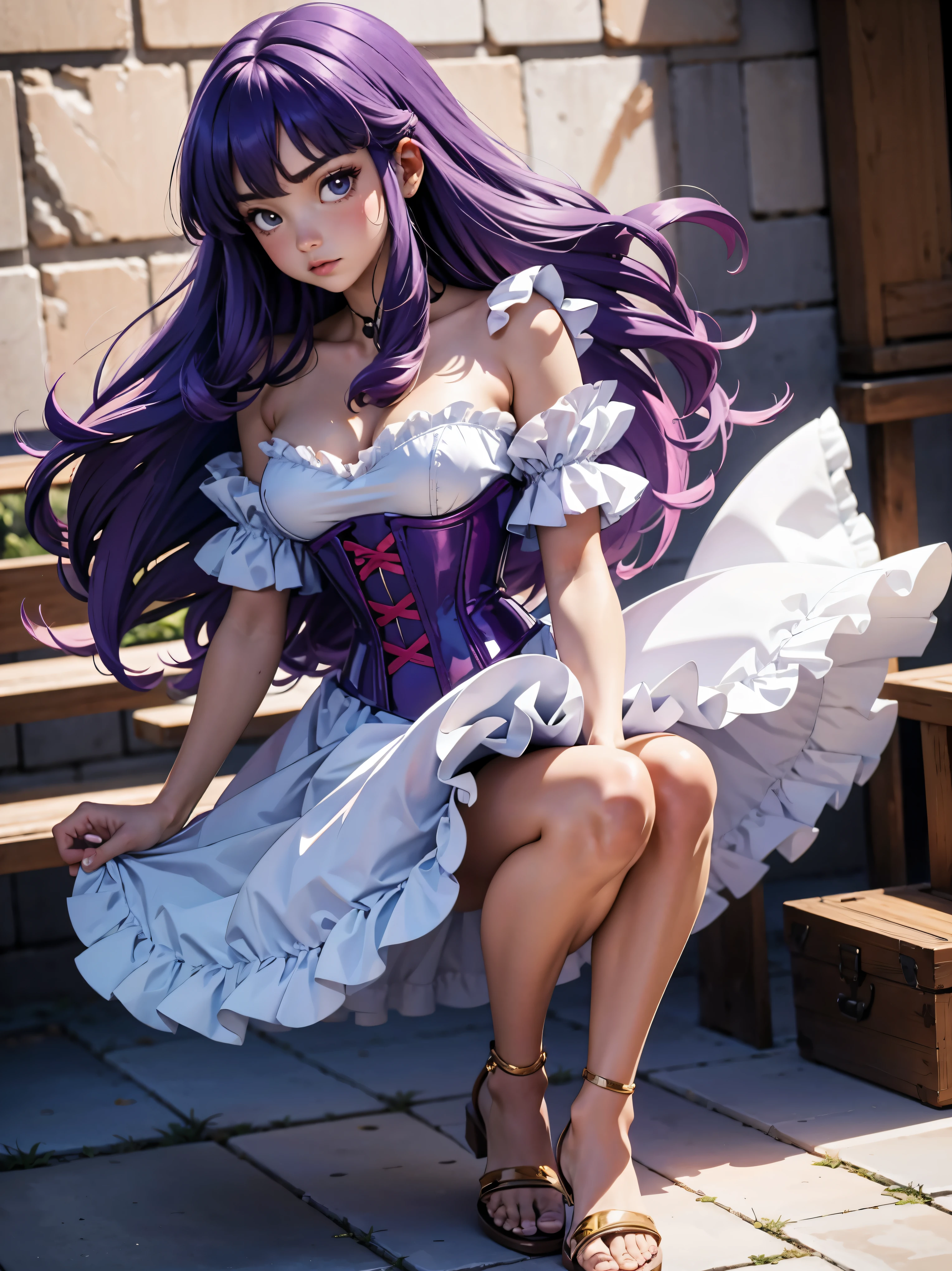 Garota anime de cabelo purple com saia vestido longo purple meio transparente e espartilho, 16 anos, corpo bonito, seios grandes, com hand in panties , hand in cabelo roxo, Garota sensual, cabelo roxo, mechas de cabelo laterais, mechas de cabelo na lateral do rosto, beautiful lighting, sombras suaves, olhos azuis, pernas bonitas, cabelo longo roxo, estilo anime, personagem Shampoo Chan, Autora Rumiko Takahashi, Baseado em obra de Rumiko Takahashi, Anime Ranma 1/ 2, decote sensual, quadril robusto, corpo inteiro, corpo inteiro, busto grande, garota jovem com corpo belo e bonito, sandals on his feet, garota 16 anos jovem, usando saia e corset pink e purple meio transparente, garota anime, estilo anime, beautiful feet in sandals, 45° viewing angle, ao ar livre, peito grande, seios bonitos, cabelo purple, sandals on the feet, pernas bonitas, sensual, belas pernas, Sandalias, seios grandes, corpo completo, corpo inteiro, feet with sandals, anime realista, saia, sarja roxa, personagem realista sensual, postura ereta, ao ar livre, calcinha pink, hand in panties, saia vestido com 50% de opacidade meio translucida