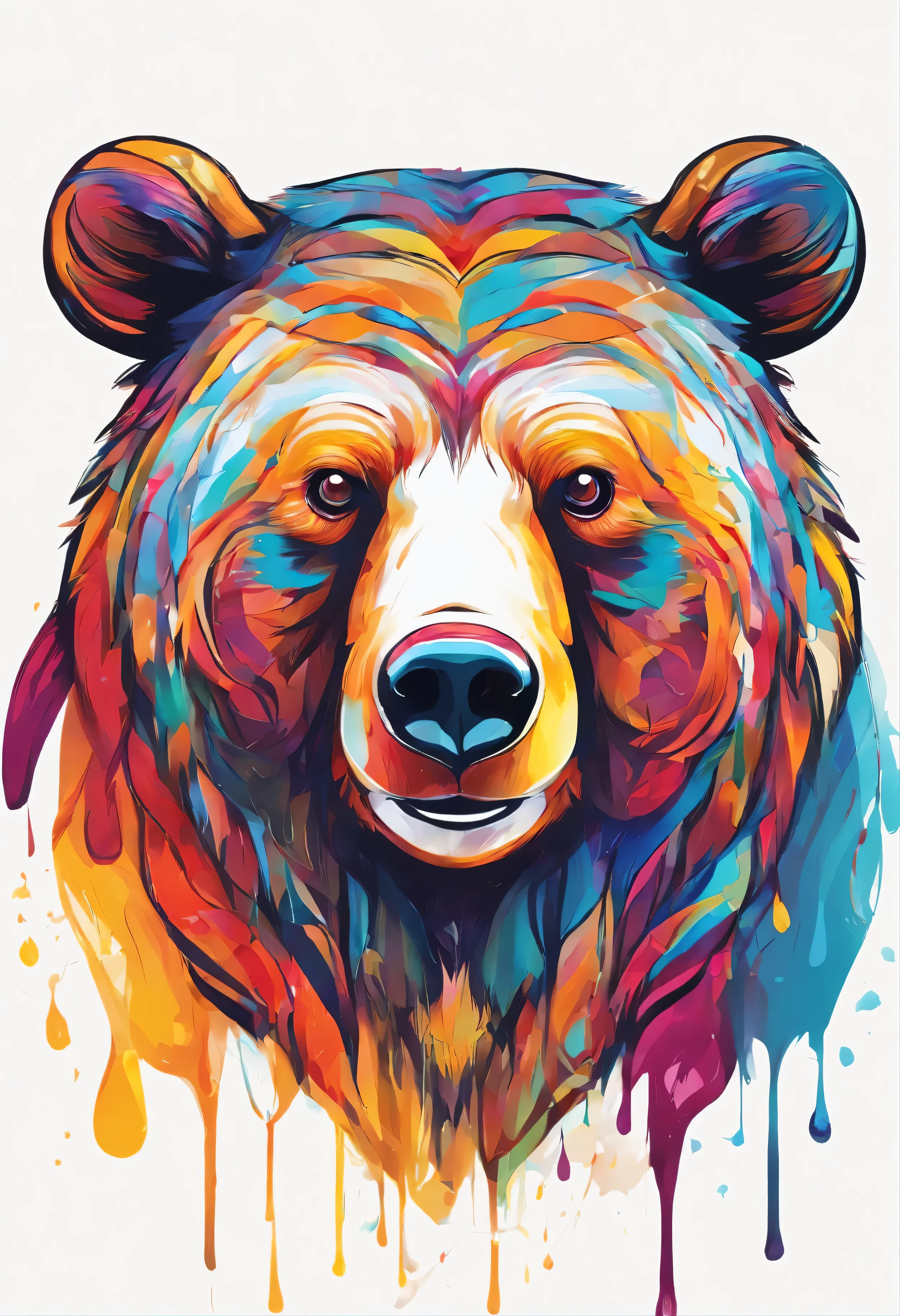Cartoon bear in playful pose,colorful,Rich illustration style. This bear has super detailed features, Including beautiful and detailed eyes, nose, and lips. Artwork is of the best quality, with 4k, 8k, and high resolution, Make it a masterpiece. The bear is depicted in a cute and cute style, White background contrasts with vibrant and melting liquid colors. Soft lighting,Bring out the details of the bear’s fur and expression.