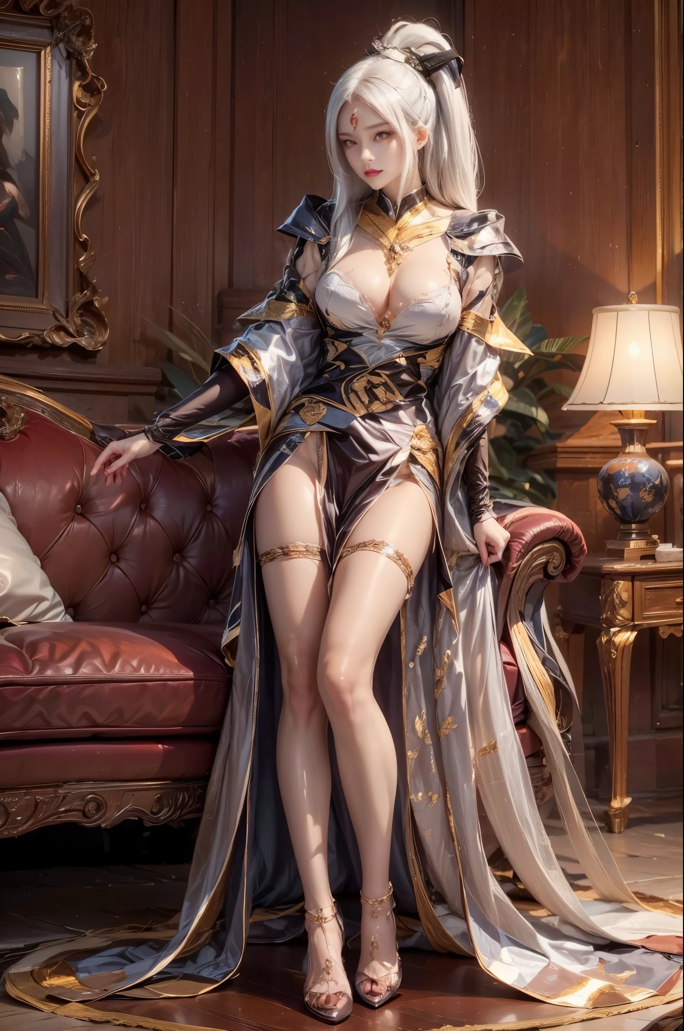 realistic, 1 women , Per HD, 12k, 1080p, wearing Allstars shoes, slim body, rather big body, six pack body, big round breasts, no clothes, beautiful breasts, looking at the camera, sitting on the sofa, transparent and genitals clear, long black hair, face details, person details, body details, clothing details, hair details, body details, body details, breast details, vagina details, clothes, eye details, sweat details, water details, pose (knees bent and feet opened wide) whole body