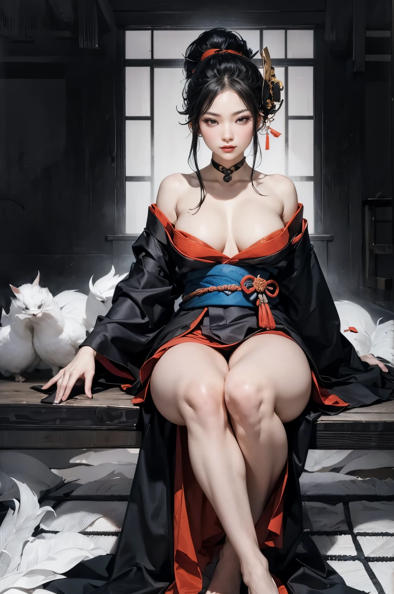 Umalinda warrior sexy, pretty face, Delicious Company, Alluring figure, Wearing a sexy open kimono. The artwork is created in a medium reminiscent of Japanese ink paintings....., 具有大胆的笔触和Monochromatic color palette. artist'Masterful technique reveals the intensity and power of the image'sense of presence,with the highest quality, Perfectly capture every detail with ultra-high resolution. Textures and intricate patterns on kimonos are rendered with extreme precision. Lighting is carefully designed,Enhance drama, Features deep shadows and subtle highlights. General, The artwork exudes elegance and power, Combining traditional Japanese aesthetics with a modern feel. Monochromatic color palette, Combine details, Create captivating and immersive experiences for your audience.