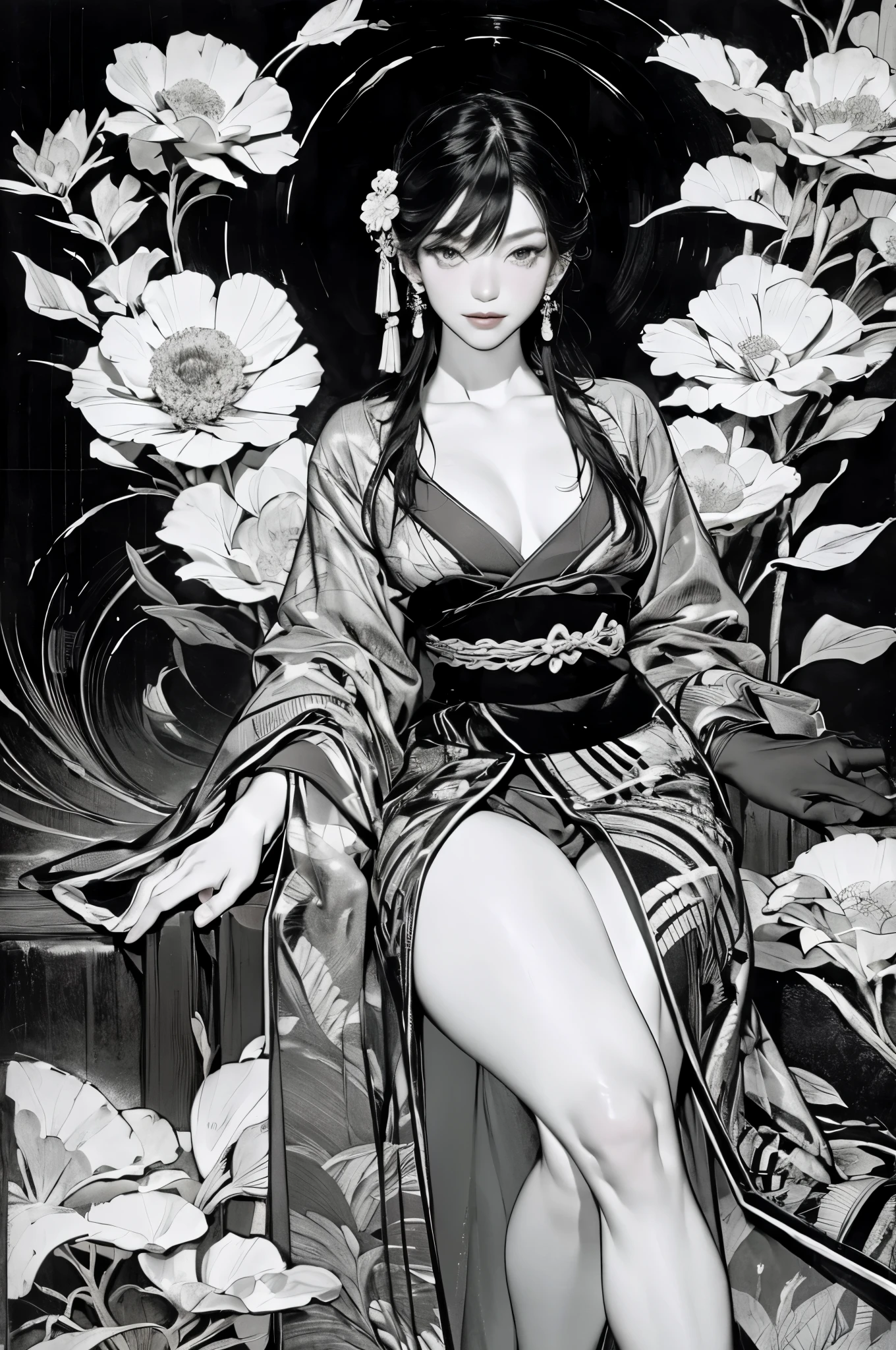 Umalinda warrior sexy, pretty face, Delicious Company, Alluring figure, Wearing a sexy open kimono. The artwork is created in a medium reminiscent of Japanese ink paintings....., 具有大胆的笔触和Monochromatic color palette. artist'Masterful technique reveals the intensity and power of the image'sense of presence,with the highest quality, Perfectly capture every detail with ultra-high resolution. Textures and intricate patterns on kimonos are rendered with extreme precision. Lighting is carefully designed,Enhance drama, Features deep shadows and subtle highlights. General, The artwork exudes elegance and power, Combining traditional Japanese aesthetics with a modern feel. Monochromatic color palette, Combine details, Create captivating and immersive experiences for your audience.