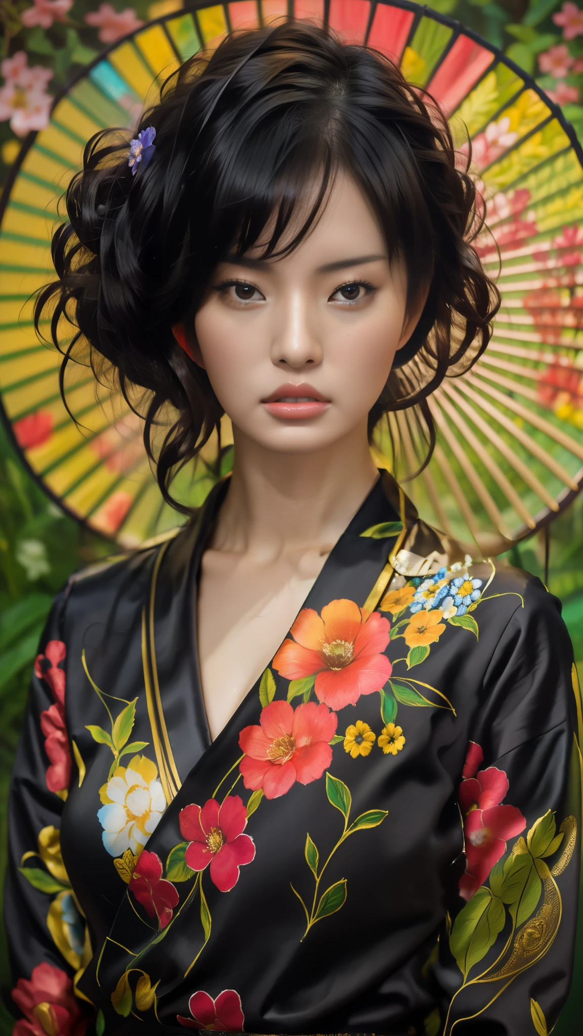 16K, Masterpiece, Photorealism, Girl with Fan and Floral Dress, Ross Tran 16k, Beautiful Digital Images, Blop and Ross Tran, Ma Lin, Intricate Oil Painting, Great Art, Intricate Blop, Japanese Art, Ross Tran and Ross Tran, Beautiful Artwork , Karol Bak, Artgerm and James Jean