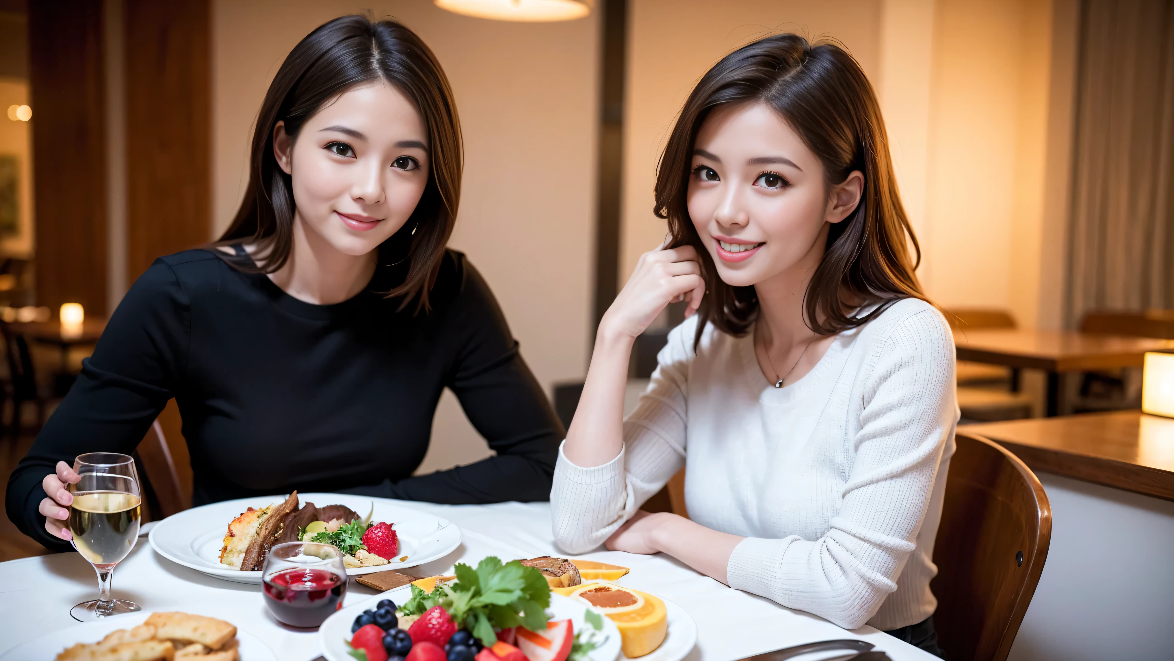 64k, Hmm, highest quality, masterpiece: 1.2), (realistic, photorealistic: 1.37), Spectacular view of the sunset sky and clouds、Amazing mountain views、slimな美女3名, (slimフェイス),Happy、 最高なsmile、Fox face、Berry Short、(because I'thin), (brown hair), (shortcut), long sleeve shirt、winter fashion、Colombian、Brazilian、Japanese、Dutch、German、Portuguese、Belgian、Italian、French,Champagne、sparkling wine、 (gush out), (slimボティ), (brown hair), (shortcut), neat beauty、cheeks turn a little red, (35 years old), 38 years old, alone, A beautiful and detailed night view spreads out outside the window...., restaurant, wine glassが座っている, At night, in a prominent place (from the Upper body) nova frog style, actress, model, Upper body, White wine, slim, wine glass, Very beautiful night view, wine glass Put in the Middle, Happy smile, (smile: 1.15),