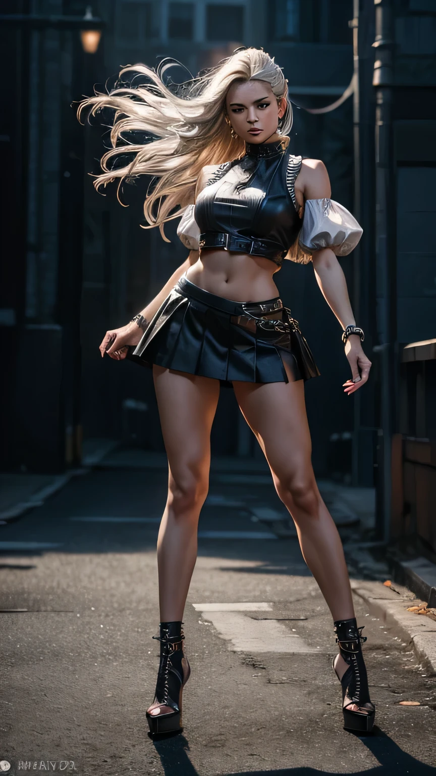 Photorealistic full-body portrait of a 30-year-old, curvaceous woman, a candid shot. The woman is fashionable, American, with athletic physique. Tasteful natural makeup. Long silver hair blowing in the wind. Colorful clothes. Haute couture. Short skirt, fabulous shoes. High-waisted. Puff sleeves. Punk vest, shoulderless. Playful expression. Winsome, goofy attitude. Defiant, masculine pose. Blank background. Ultra realistic, 8k HD, super detailed, ultra depth of field, dramatic lighting, cinematic lighting, (aesthetic body) ((Ultra Long Exposure Photography)) high quality, highly detailed, ultra detailed,