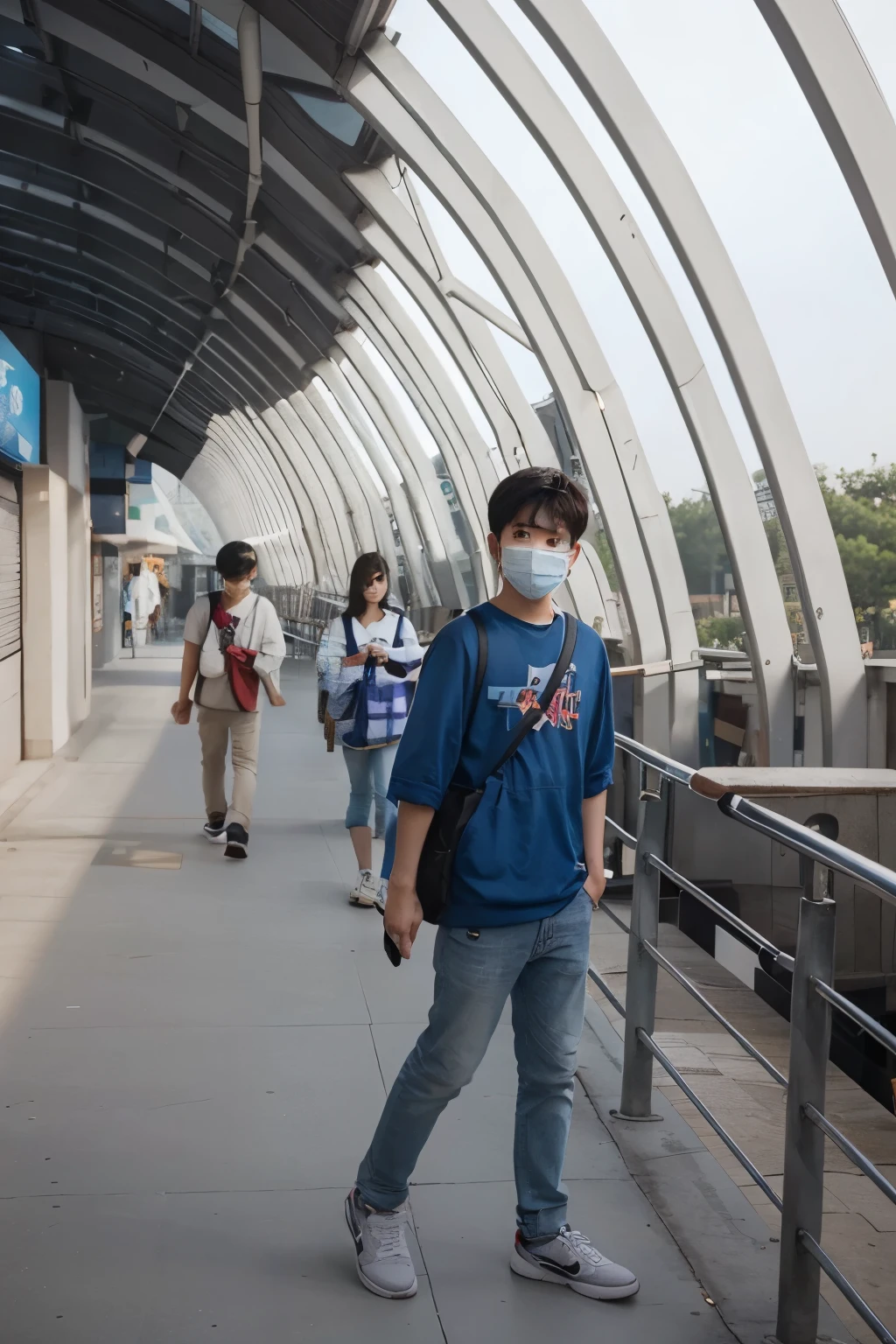 Cute Korean boy 16 years old thin boy with perfect extremely high detailed face, professional lighting bokeh effect, cinematic wallpaper realistic, with mask and side bag looking side face