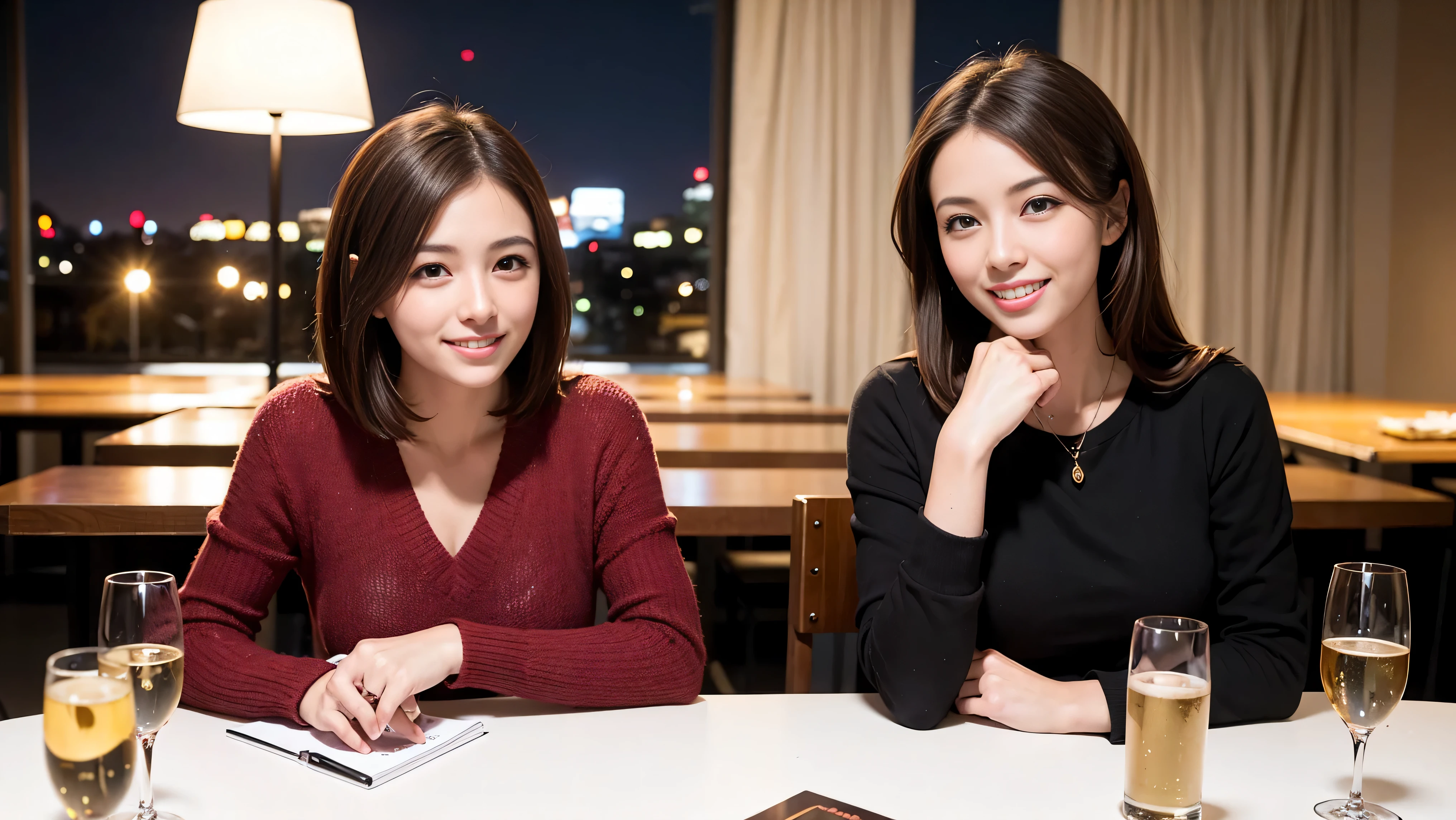 64k, Hmm, highest quality, masterpiece: 1.2), (realistic, photorealistic: 1.37), Spectacular view of the sunset sky and clouds、Amazing mountain views、slimな美女3名, (slimフェイス),Happy、 最高なsmile、Fox face、Berry Short、(because I&#39;thin), (brown hair), (shortcut), long sleeve shirt、winter fashion、Colombian、Brazilian、Japanese、Dutch、German、Portuguese、Belgian、Italian、French,Champagne、sparkling wine、 (squirt), (slimボティ), (brown hair), (shortcut), neat beauty、cheeks turn a little red, (35 years old), 38 years old, alone, A beautiful and detailed night view spreads out outside the window....., restaurant, wine glassが座っている, At night, in a prominent place (from the Upper body) nova frog style, actress, model, Upper body, White wine, slim, wine glass, Very beautiful night view, wine glass Put in the Middle, Happy smile, (smile: 1.15), 