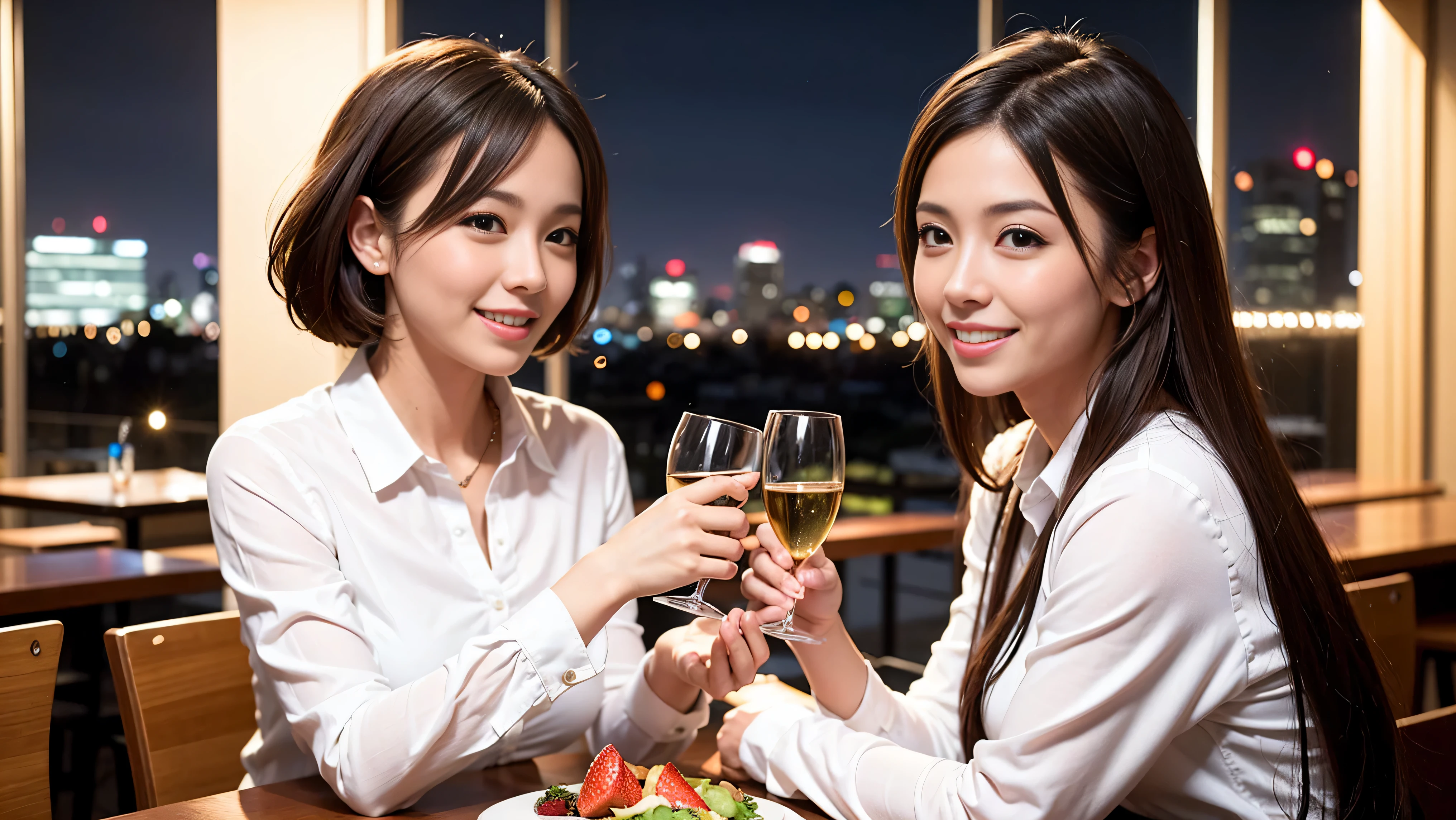 64k, Hmm, highest quality, masterpiece: 1.2), (realistic, photorealistic: 1.37), Spectacular view of the sunset sky and clouds、Amazing mountain views、slimな美女3名, (slimフェイス),Happy、 最高なsmile、Fox face、Berry Short、(because I'thin), (brown hair), (shortcut), long sleeve shirt、winter fashion、Colombian、Brazilian、Japanese、Dutch、German、Portuguese、Belgian、Italian、French,Champagne、sparkling wine、 (squirt), (slimボティ), (brown hair), (shortcut), neat beauty、cheeks turn a little red, (35 years old), 38 years old, alone, A beautiful and detailed night view spreads out outside the window....., restaurant, wine glassが座っている, At night, in a prominent place (from the Upper body) nova frog style, actress, model, Upper body, White wine, slim, wine glass, Very beautiful night view, wine glass Put in the Middle, Happy smile, (smile: 1.15),
