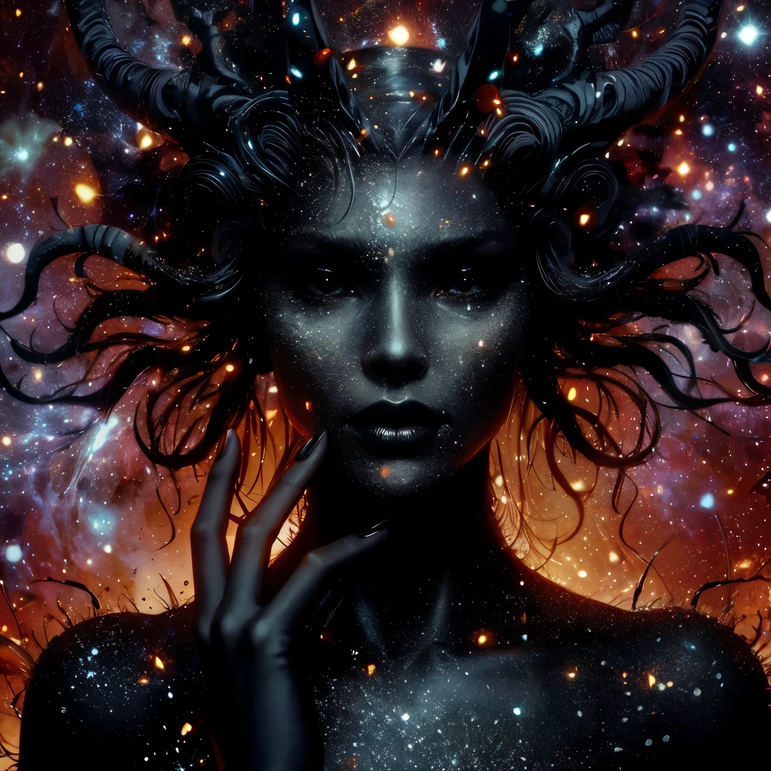 Create a black feminine demon, all black body made up of galaxies, evil female demon face