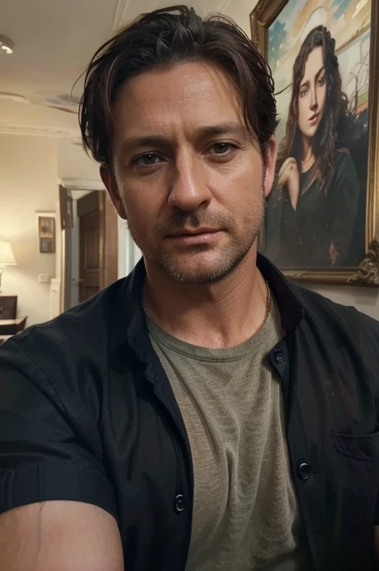 Photo of a Scottish man, matured and confident, wearing a brown tshirt (Black hair: 1.0), ((Rompts: 0.9)), ((Txt2Img: 1.1)), ((fine art: 1.0, painting: 0.8 masterpiece: 1.1)), Gerard Butler in a dark blue shirt, exuding maturity and charm, holding a brown jacket, ((Instagram status: 1.0, selfie: 1.0)), ((Scottish man: 1.1, Scottish man in Edinburgh: 1.1)), Beautifully detailed eyes with expressive depth, Luscious and long eyelashes, ,handsome appearance, luxury interior background,vibrant colors,warm lighting.