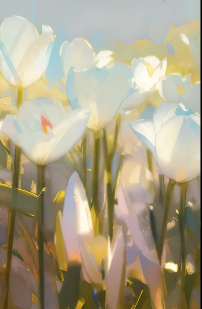 there are many white flowers that are growing in the grass, white flowers, detailed white, white, tulips, pleasant environment, soft white glow, Serenity and elegance, shadow, view from below, Graceful and luxurious, its beauty is astonishing, tulip, Graceful and luxurious, flower with long petals, flowers bloom, oil painting style,brush strokes,Impressionism,Sunlight,pastel tones