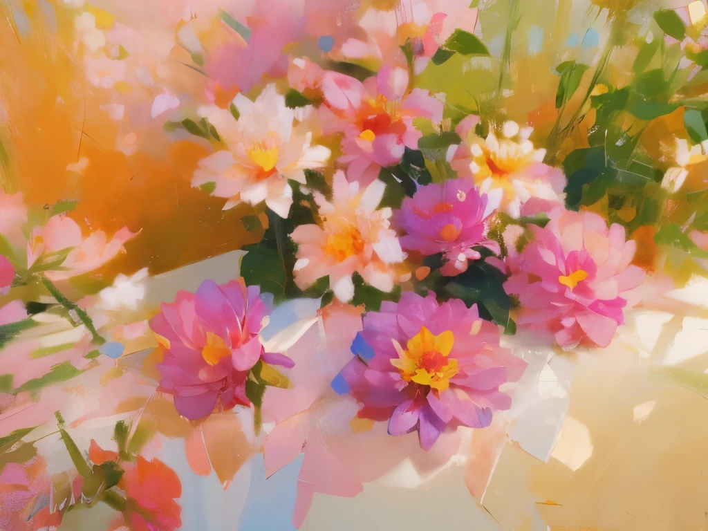 pink flowers on a table, dahlia flower, chrysanthemum, Pink flowerss, peony, beautiful big flower, , by An Zhengwen, traditional Chinese, Pink flowers, nice images, Beautiful flowers, flower with long petals，Shine, oil paint strokes，Impressionism, Sunlight,