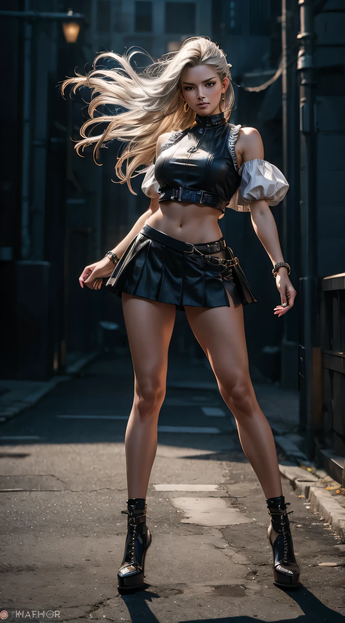 Photorealistic full-body portrait of a 30-year-old, curvaceous woman, a candid shot. The woman is fashionable, American, with athletic physique. Tasteful natural makeup. Long silver hair blowing in the wind. Colorful clothes. Haute couture. Short skirt, fabulous shoes. High-waisted. Puff sleeves. Punk vest, shoulderless. Playful expression. Winsome, goofy attitude. Defiant, masculine pose. Blank background. Ultra realistic, 8k HD, super detailed, ultra depth of field, dramatic lighting, cinematic lighting, (aesthetic body) ((Ultra Long Exposure Photography)) high quality, highly detailed, ultra detailed,