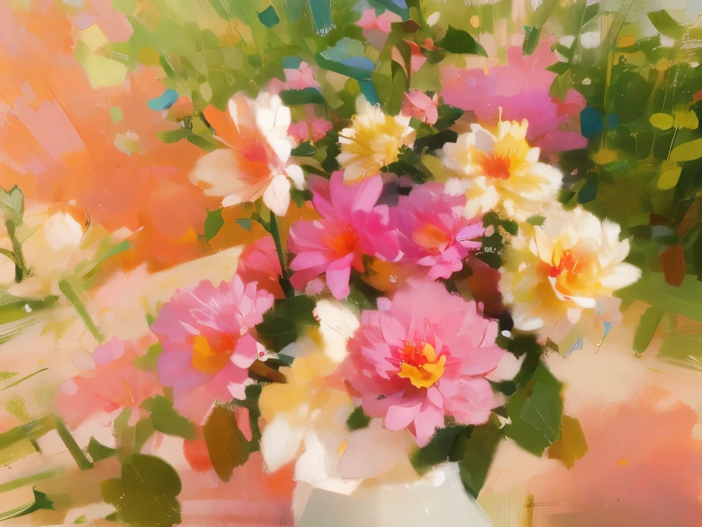 pink flowers on a table, dahlia flower, chrysanthemum, Pink flowerss, peony, beautiful big flower, , by An Zhengwen, traditional Chinese, Pink flowers, nice images, Beautiful flowers, flower with long petals，Shine, oil paint strokes，Impressionism, Sunlight,
