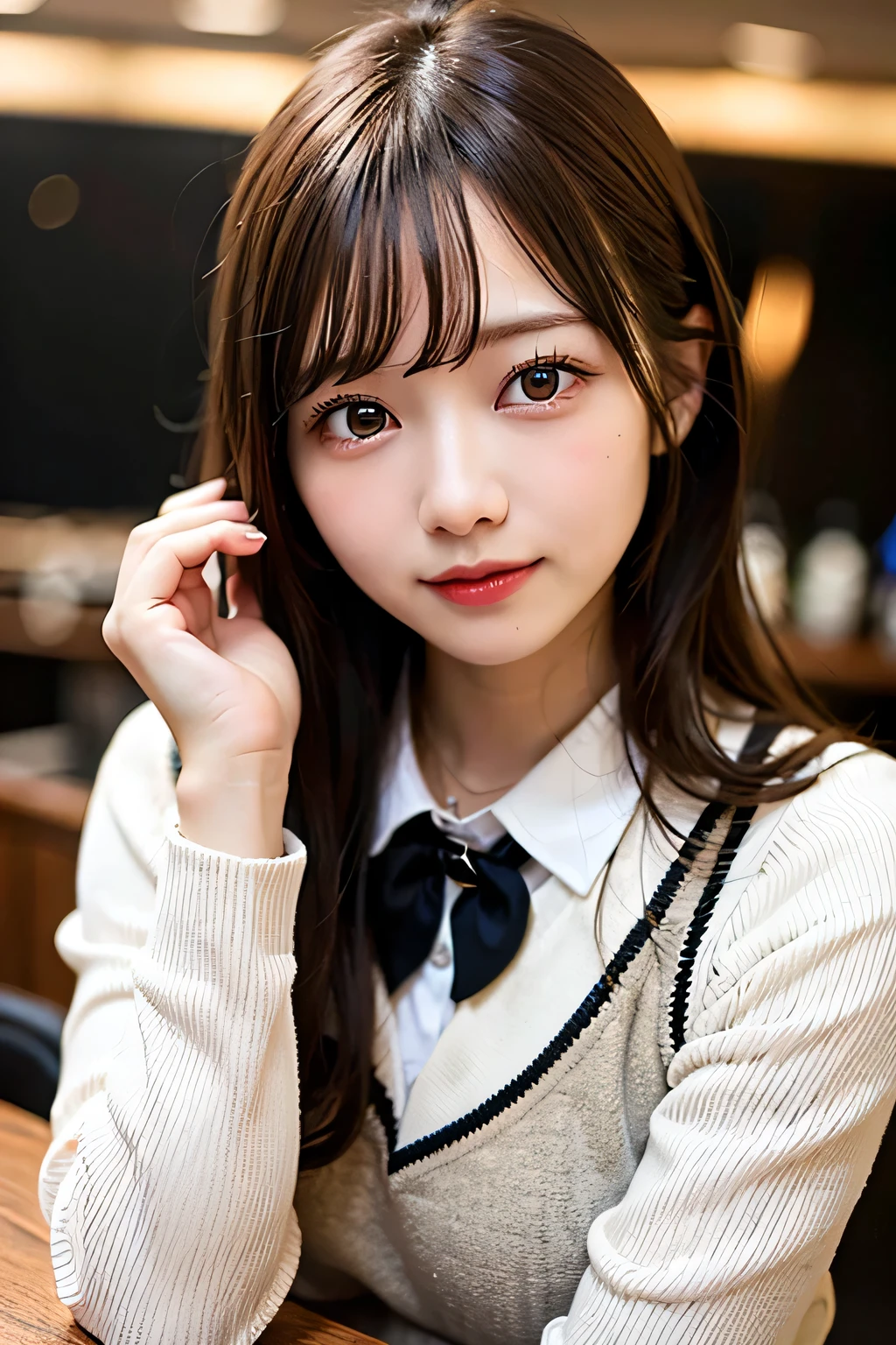 (8k, RAW photo:1.2)detailed face and eyes,最high quality, 超A high resolution, very detailed ,intricate details ,stylish bar, one piece、pretty girl , soft light like a movie, hyper detail,sharp focus, high quality,school uniform, dripping from,