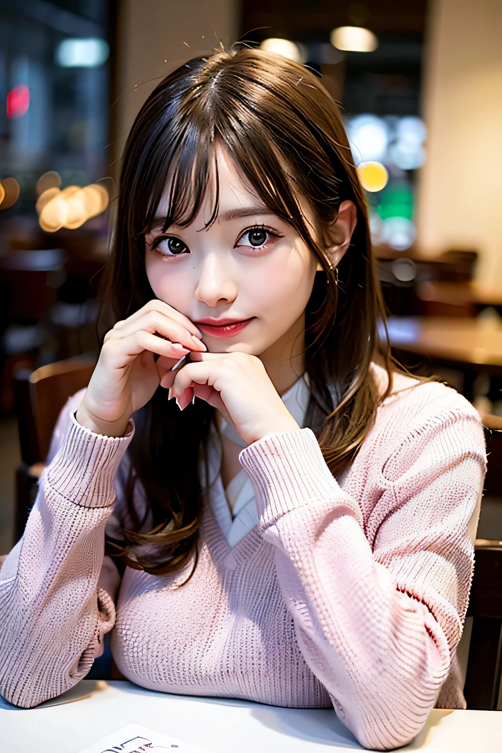 (8k, RAW photo:1.2)detailed face and eyes,最high quality, 超A high resolution, very detailed ,intricate details ,stylish cafe, pink sweater、jumper、pretty girl , soft light like a movie, hyper detail,sharp focus, high quality,school uniform, dripping from,