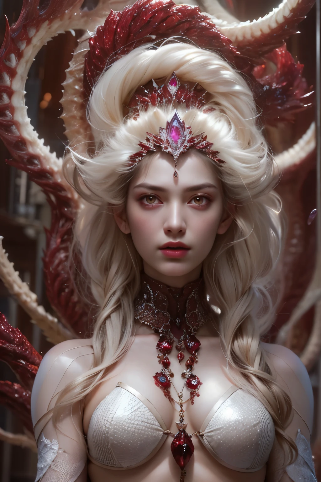 (1 female medusa-like mutant: 1.2), With a beautiful, enchanting face, this alien seduces us with her allure. Her captivating red eyes gleam brightly, reminiscent of burning embers. Her full body is unlike any human's, boasting a sexy, otherworldly form. No humans are present in this scene as she stands alone, her cells fused in a unique and intriguing extraterrestrial way.
(extraordinary beautiful nude photo:1.4), (glowing Garnet eyes:1.5), (sexy and glamorous:1.1), (coquettish expression:1.2), toned lean body, (muscular:1.2), (beautiful abs:1.5), beautiful nipples,  She has lots of iridescent translucent tentacles instead of her hair, pale skin, (white skin with prominent veins:1.3), moist skin,
Lots of iridescent translucent tentacles adorn her body, shimmering under the dramatic lighting. Her pale skin, with a hint of translucency, adds to her ethereal allure. This masterpiece, rendered in