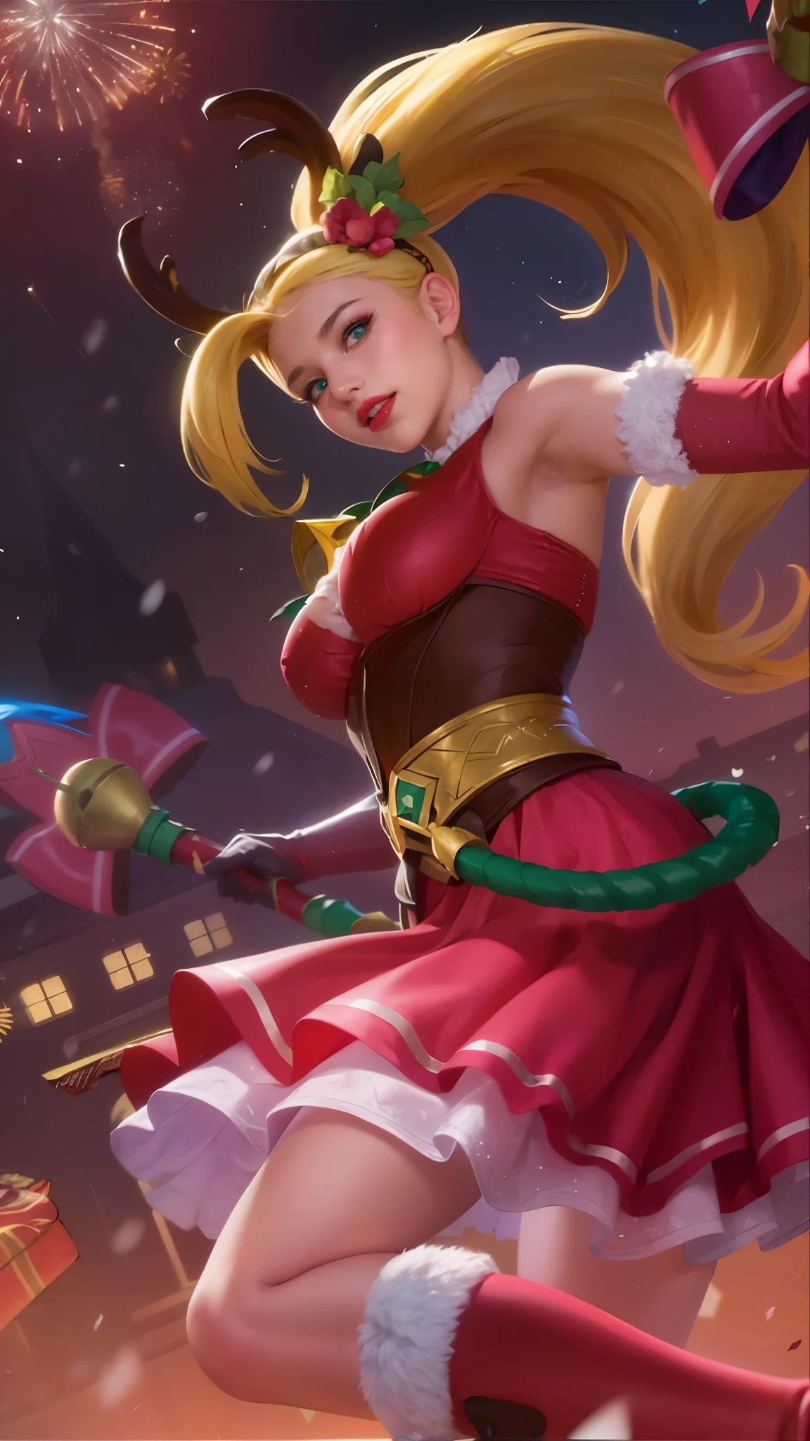 (female:1.2), 8k, ultra hd, ultra detailed texture, hyper realistic, masterpiece, detailed texture, detailed face, detailed skin, detailed lighting, (photorealistic:1.5), best quality, beautiful lighting, cinematic lighting, professional lighting, ultra highres, realistic, detailed hair, real hair, high quality, (realskin:1.5), extremely detailed, finely detail, ultra-detailed, 1girl, solo, elf, pointy ears, standing, demon horns, forehead protector, (red eyes:1.5), v-shapped eyebrow, lips, red lips, evil smile, nose, make up, pretty, beautiful, cute face, long hair, blue hair, high ponytail, large breasts, cleavage, armpit, navel, stomach, black armor, pauldrons, bare shoulders, shoulder armor, thigh high, sleevless, detached sleeves, breastplate, gauntlets, karina \(mobile legends\), depth of field, looking aways, white skin, skin tight, amazing pose, outdoors, glowing, dark view.