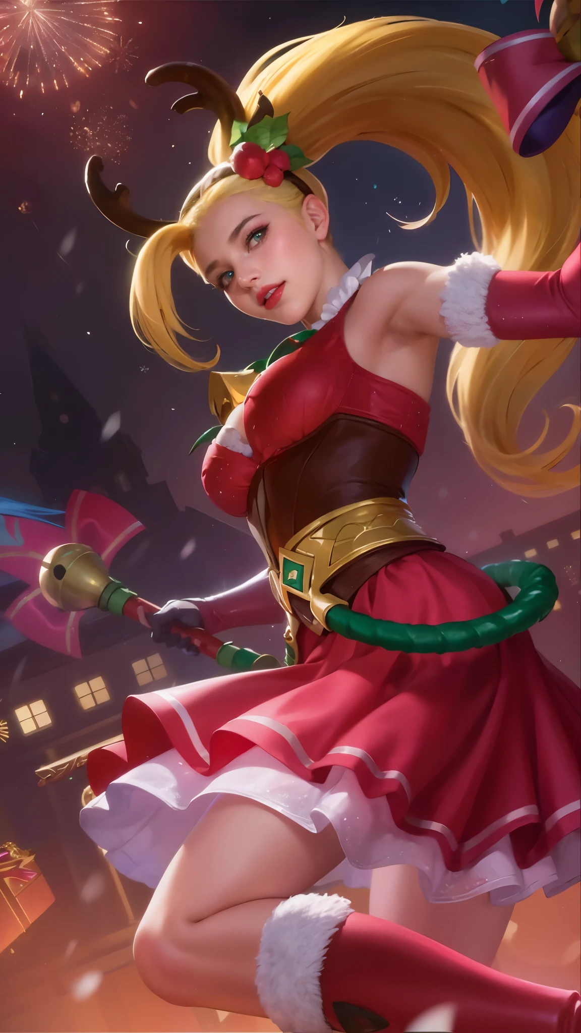 (female:1.2), 8k, ultra hd, ultra detailed texture, hyper realistic, masterpiece, detailed texture, detailed face, detailed skin, detailed lighting, (photorealistic:1.5), best quality, beautiful lighting, cinematic lighting, professional lighting, ultra highres, realistic, detailed hair, real hair, high quality, (realskin:1.5), extremely detailed, finely detail, ultra-detailed, 1girl, solo, elf, pointy ears, standing, demon horns, forehead protector, (red eyes:1.5), v-shapped eyebrow, lips, red lips, evil smile, nose, make up, pretty, beautiful, cute face, long hair, blue hair, high ponytail, large breasts, cleavage, armpit, navel, stomach, black armor, pauldrons, bare shoulders, shoulder armor, thigh high, sleevless, detached sleeves, breastplate, gauntlets, karina \(mobile legends\), depth of field, looking aways, white skin, skin tight, amazing pose, outdoors, glowing, dark view.