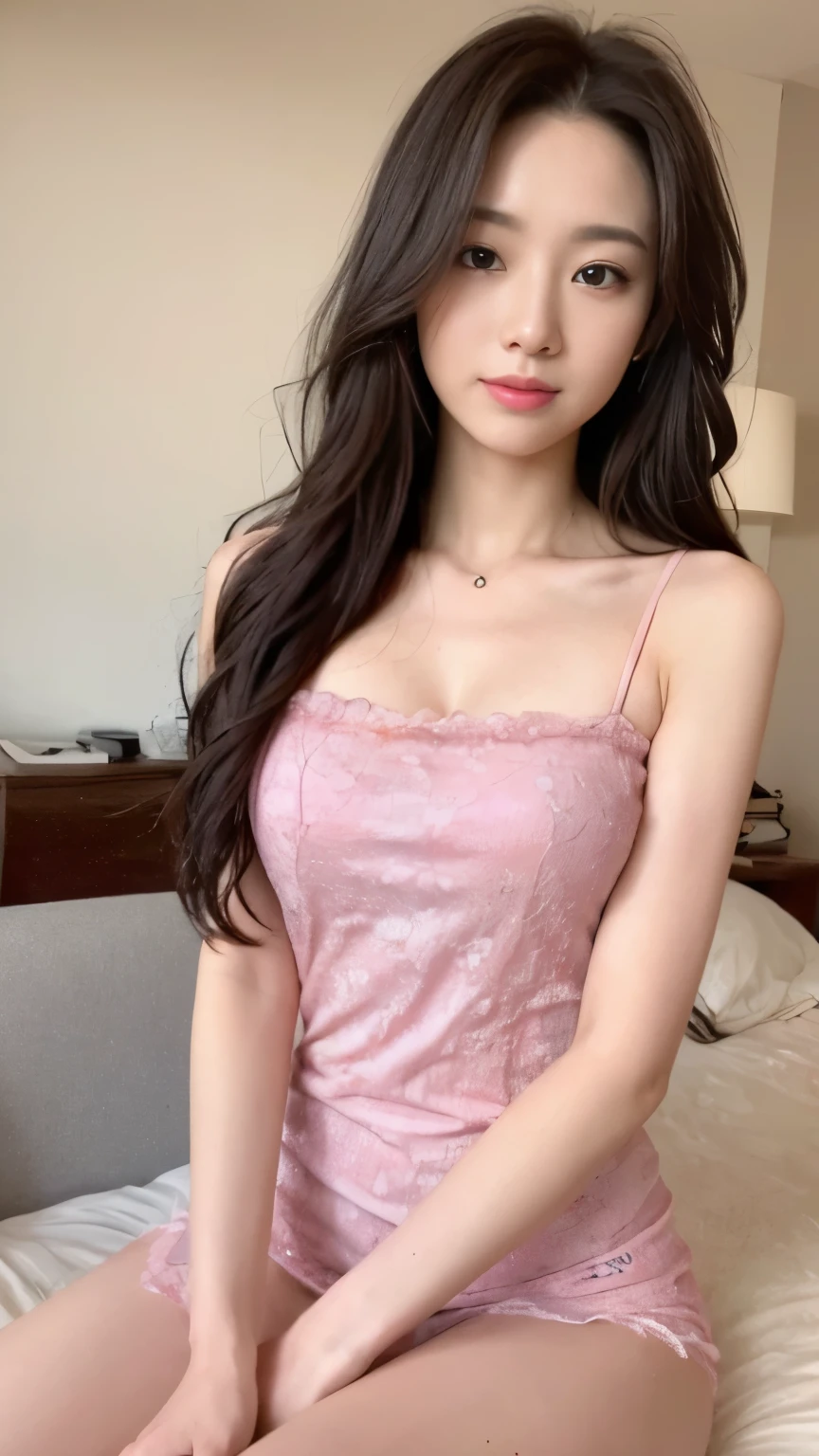 ((top-quality、8k、​masterpiece:1.3))、Beautiful woman with perfect body:1.4、slim abdomen:1.2、Longhair, normal breast, Highly detailed facial and skin texture, A detailed eye, delicate eyes, double eyelid, (smile), (full body shot), ((bedroom)), (sitting on bed), ((wearing pink camisole long dress)), looking in front
