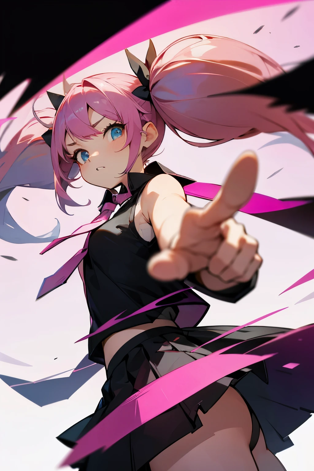 pink hair woman、tie、huge twin tails、black sleeveless shirt、skirt、Looking down、Low angle of view、hands pointing towards you