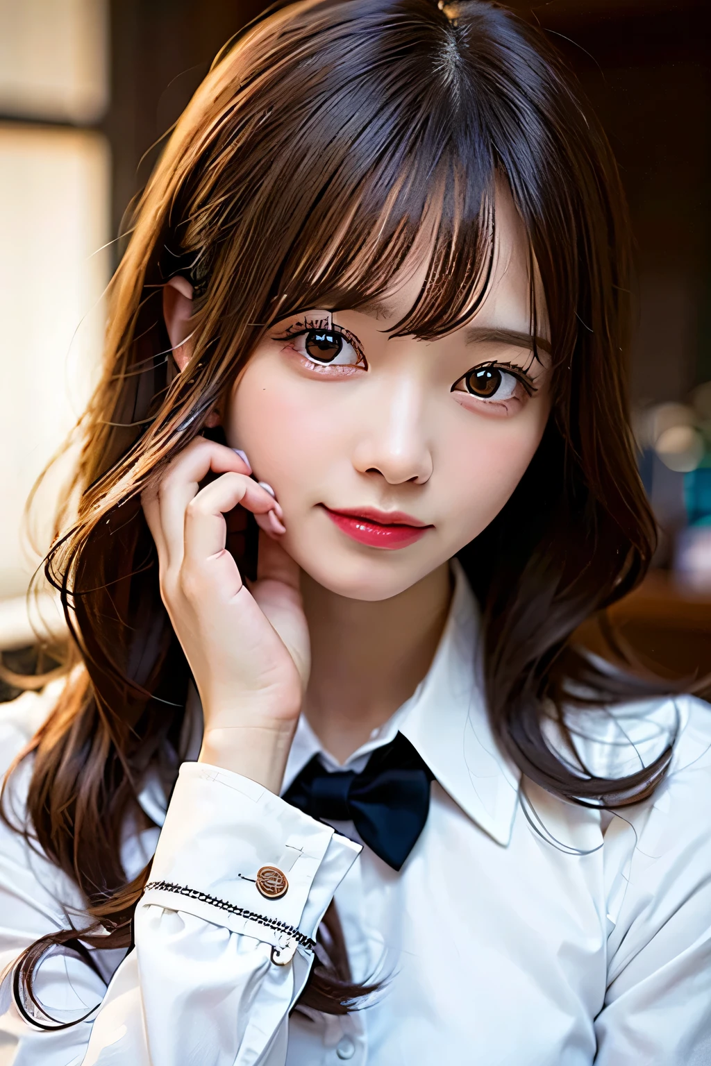 (8k, RAW photo:1.2)detailed face and eyes,最high quality, 超A high resolution, very detailed ,intricate details ,living room, white blouse、pretty girl , soft light like a movie, hyper detail,sharp focus, high quality,school uniform, dripping from,