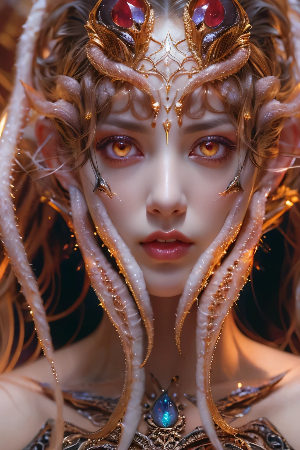 (1 female medusa-like mutant: 1.2), With a beautiful, enchanting face, this alien seduces us with her allure. Her captivating red eyes gleam brightly, reminiscent of burning embers. Her full body is unlike any human's, boasting a sexy, otherworldly form. No humans are present in this scene as she stands alone, her cells fused in a unique and intriguing extraterrestrial way.
(extraordinary beautiful nude photo:1.4), (glowing Crystal eyes:1.5), (sexy and glamorous:1.1), (coquettish expression:1.2), toned lean body, (muscular:1.2), (beautiful abs:1.5), beautiful nipples,  She has lots of iridescent translucent tentacles instead of her hair, pale skin, (white skin with prominent veins:1.3), moist skin,
Lots of iridescent translucent tentacles adorn her body, shimmering under the dramatic lighting. Her pale skin, with a hint of translucency, adds to her ethereal allure. This masterpiece, rendered in